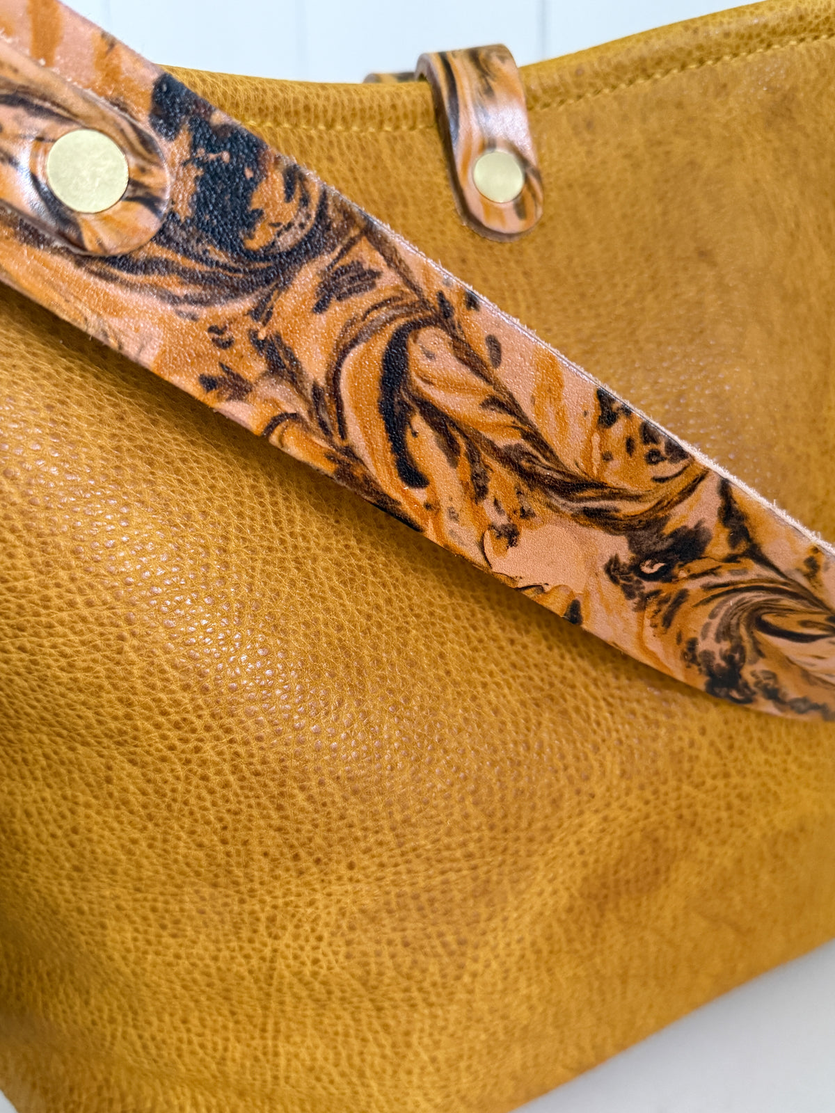 Hobo Bucket in Goldenrod Full Grain Bison w/Candy Strap