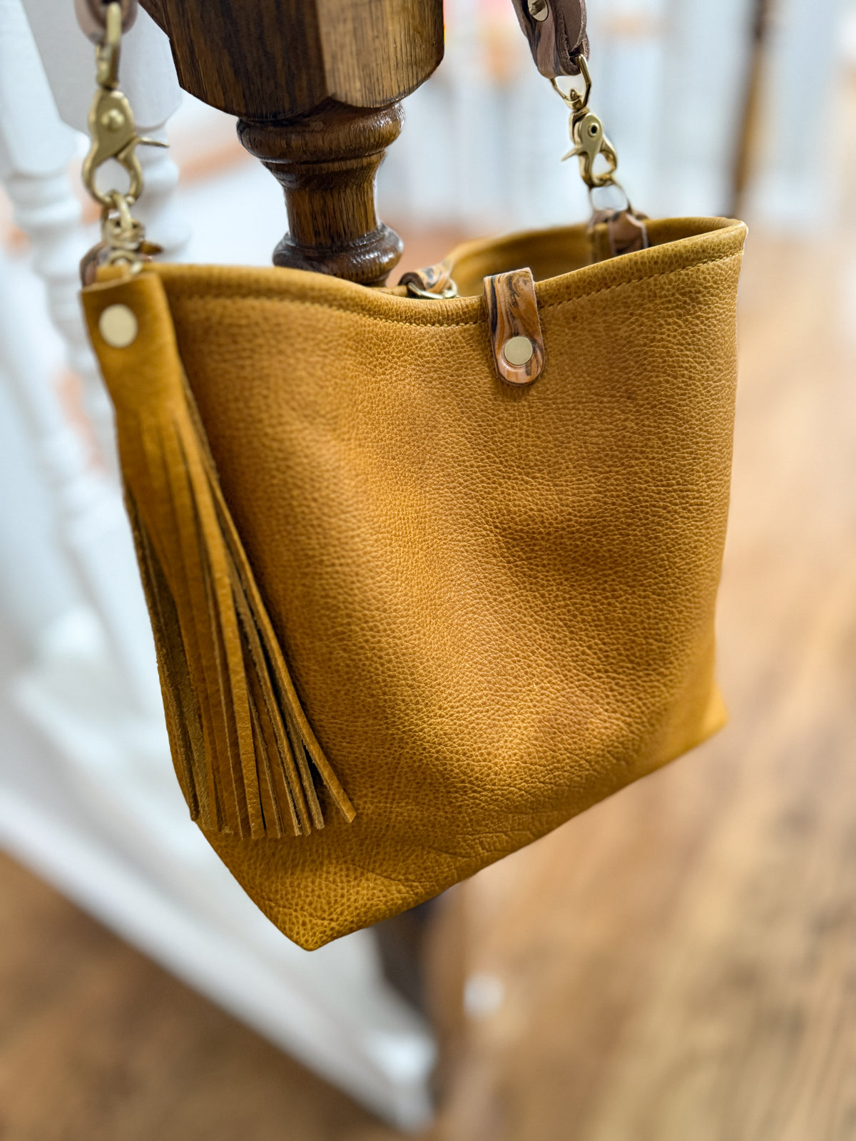 Hobo Bucket in Goldenrod Full Grain Bison w/Candy Strap