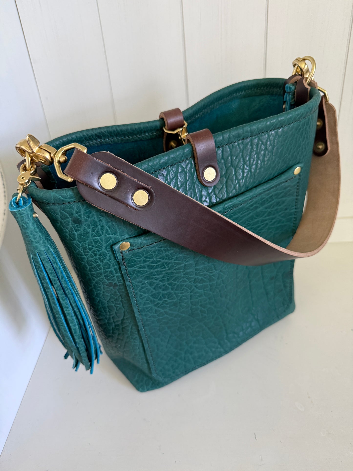 Bennett Bucket in Peacock Full Grain Bison Leather