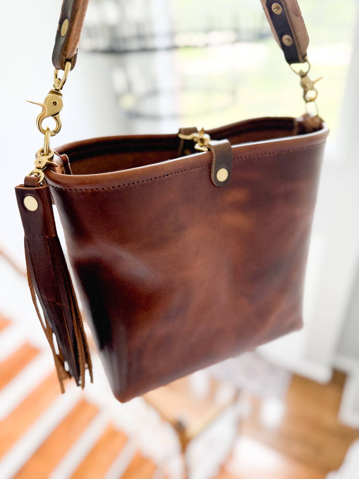 Hobo Bucket in Horween Brown Nut Dublin w/Candy Strap