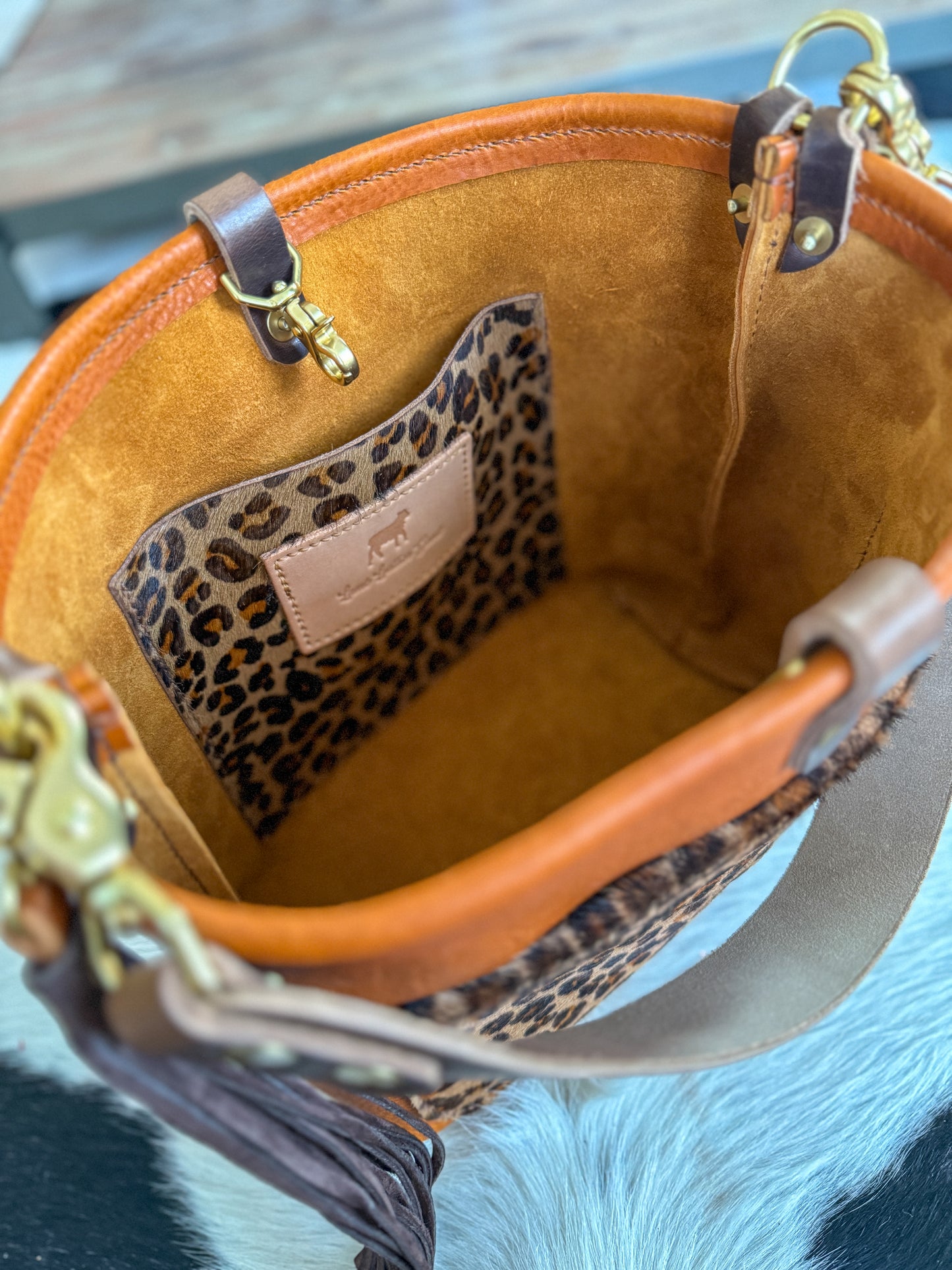 Bennett “shorty” Bucket in Ginger Vachetta w/cowhide pocket