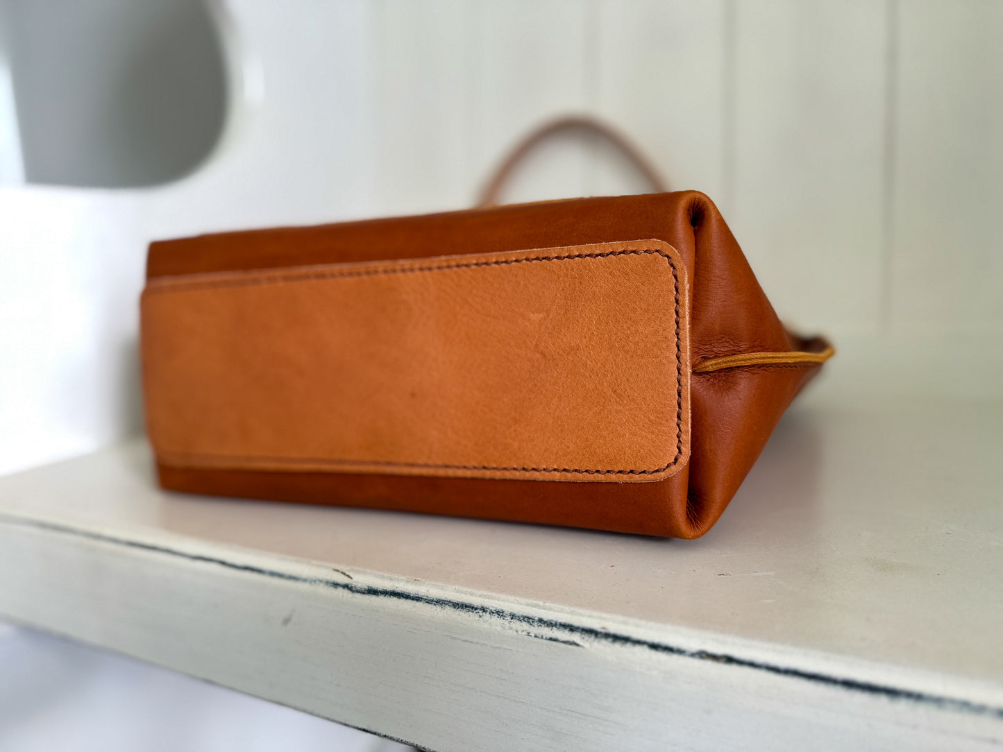 East West Tote in Tawny Full Grain Leather with foot/base