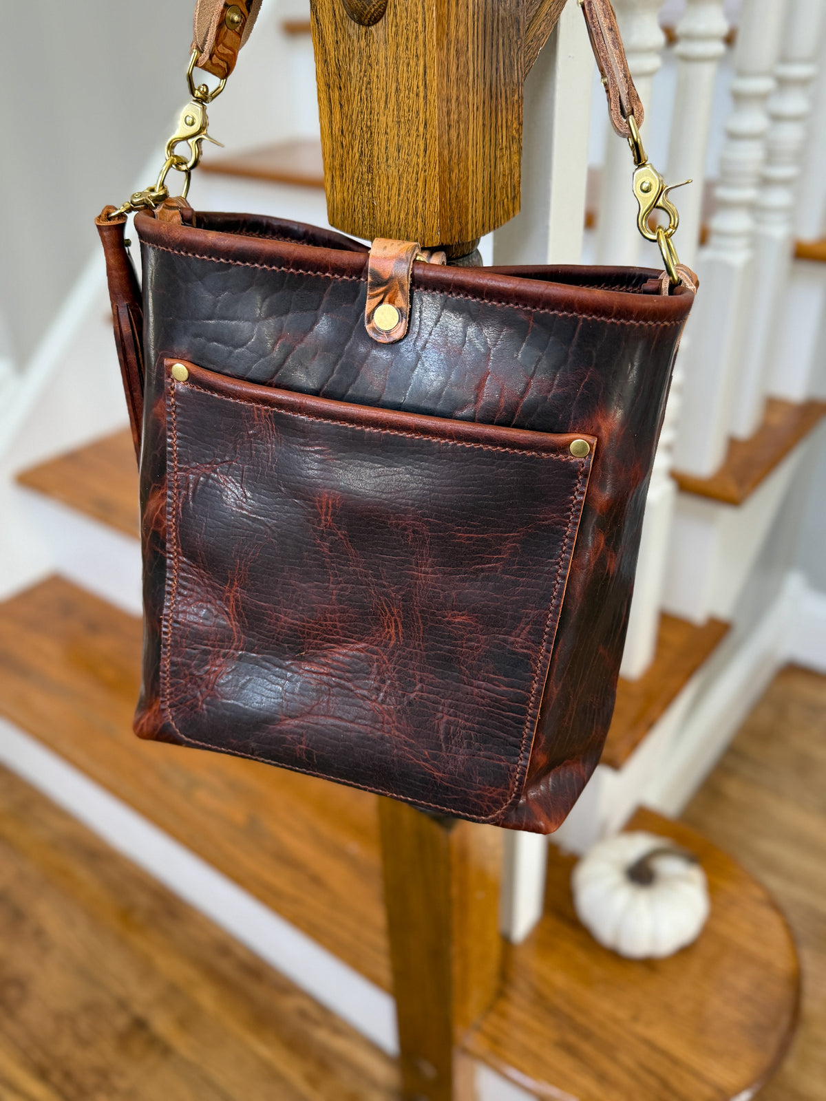 Bennett Bucket in Coffee Full Grain Bison Leather w/Dyed Strap