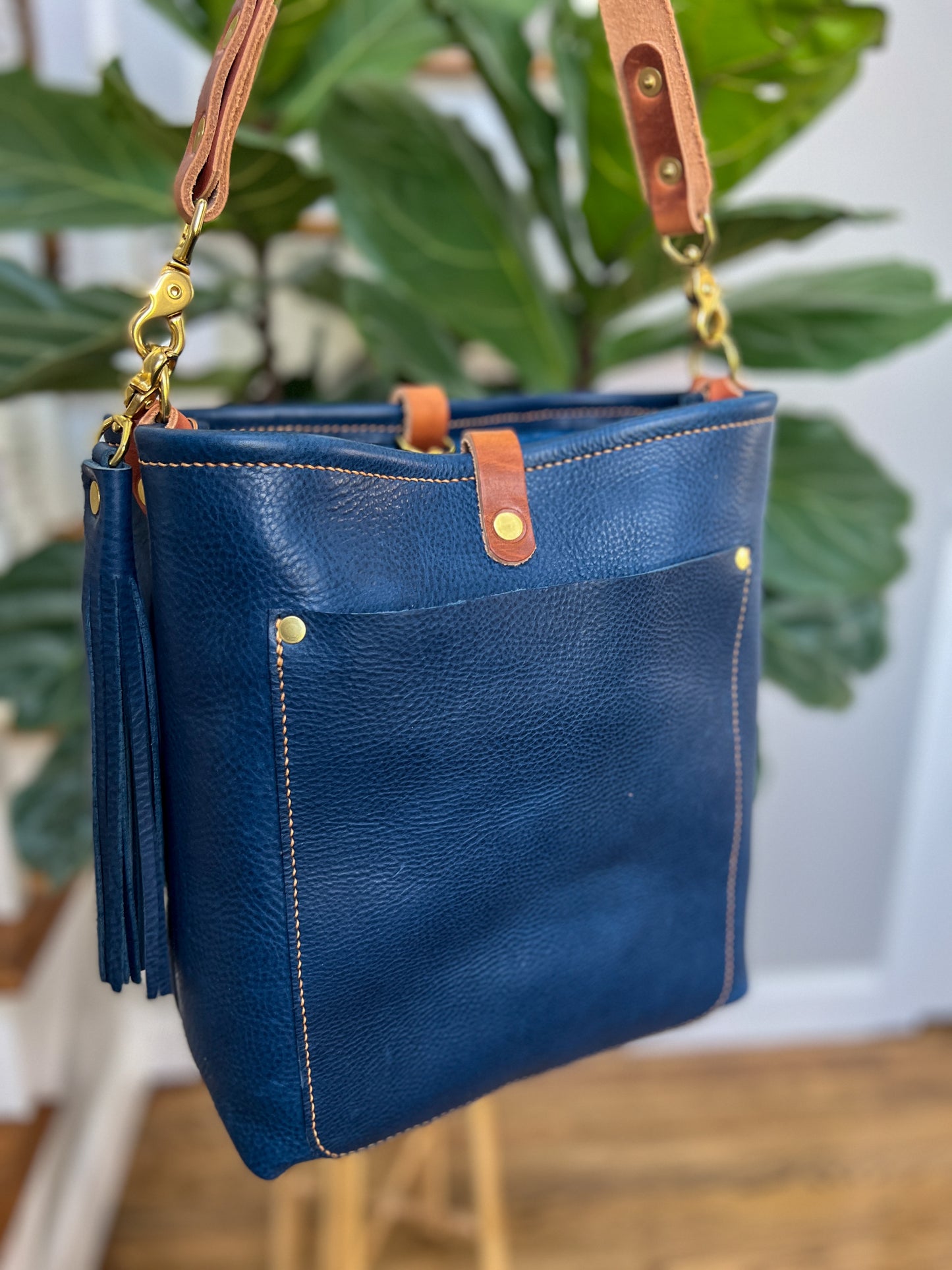 Bennett Bucket in Italian Denim Blue Vachetta Leather