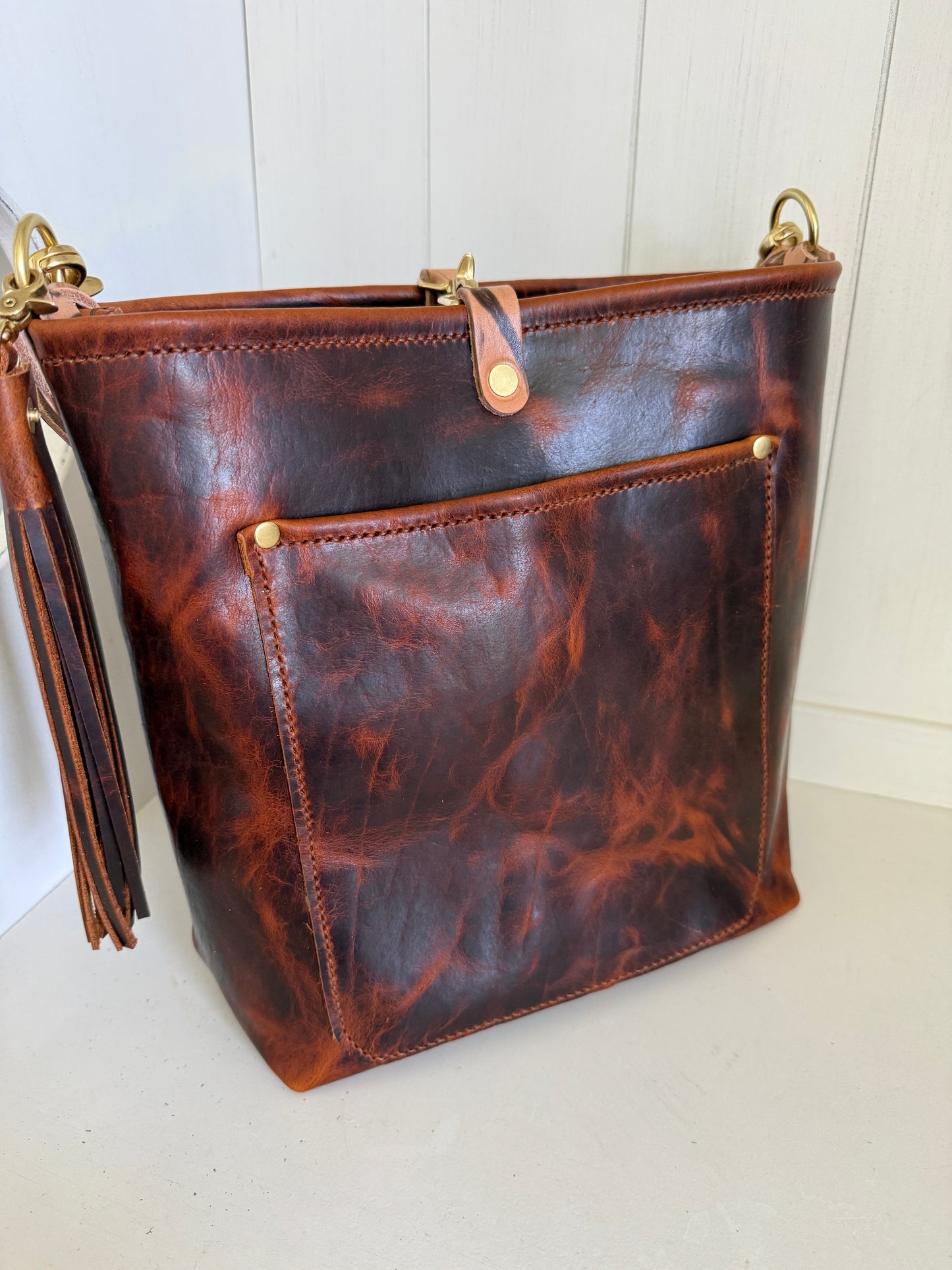 Bennett Bucket in Coffee Full Grain Bison Leather w/Dyed Strap