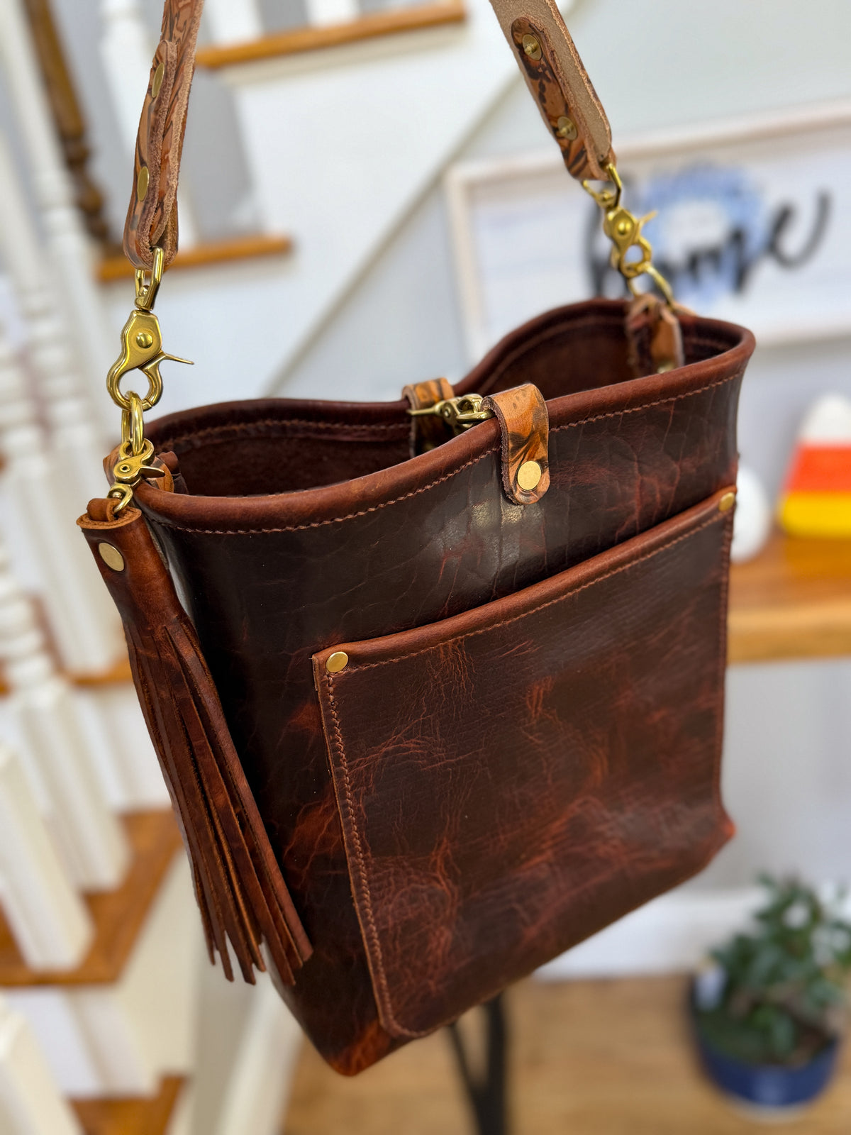 Bennett Bucket in Coffee Full Grain Bison Leather w/Dyed Strap
