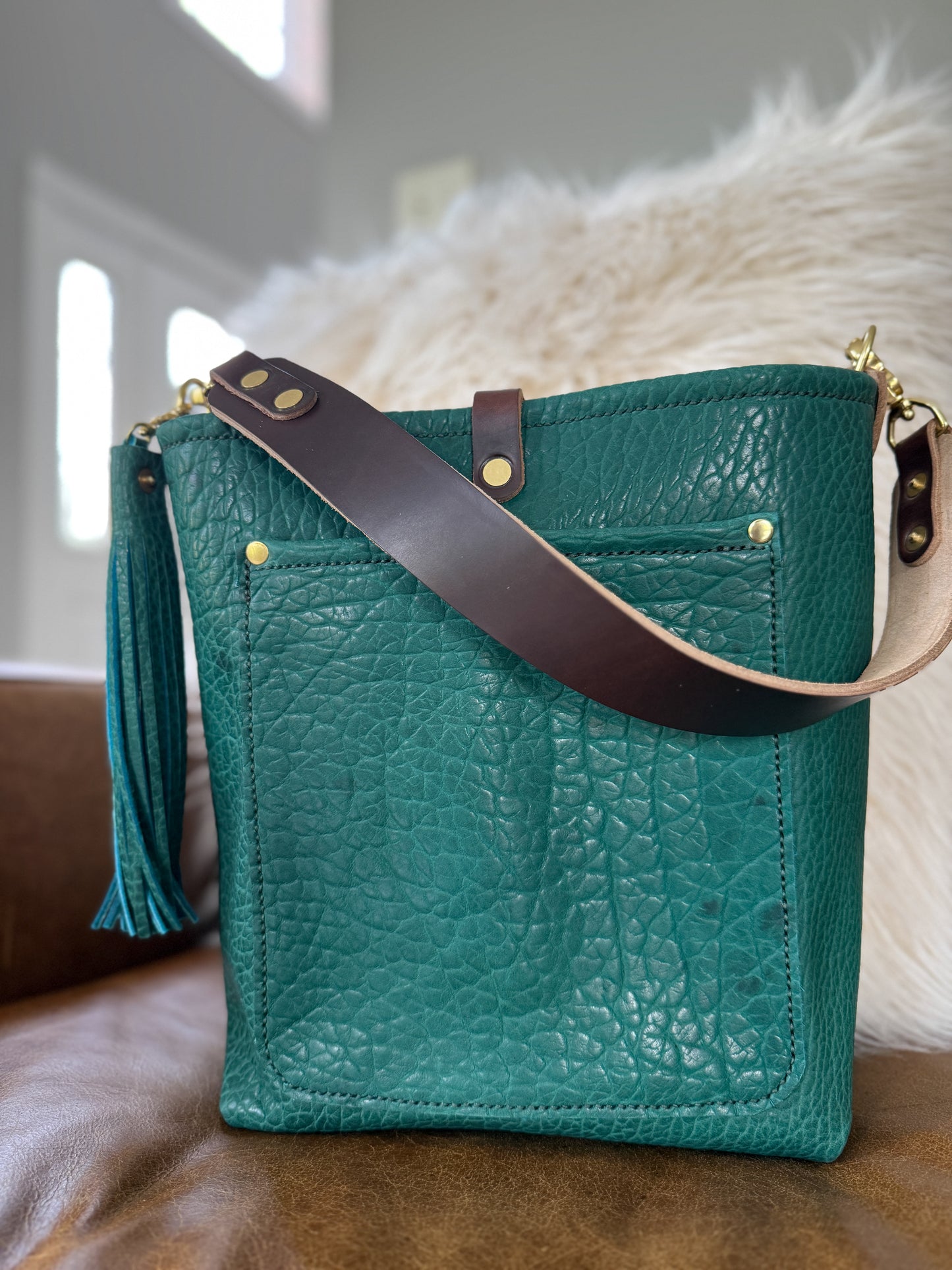 Bennett Bucket in Peacock Full Grain Bison Leather