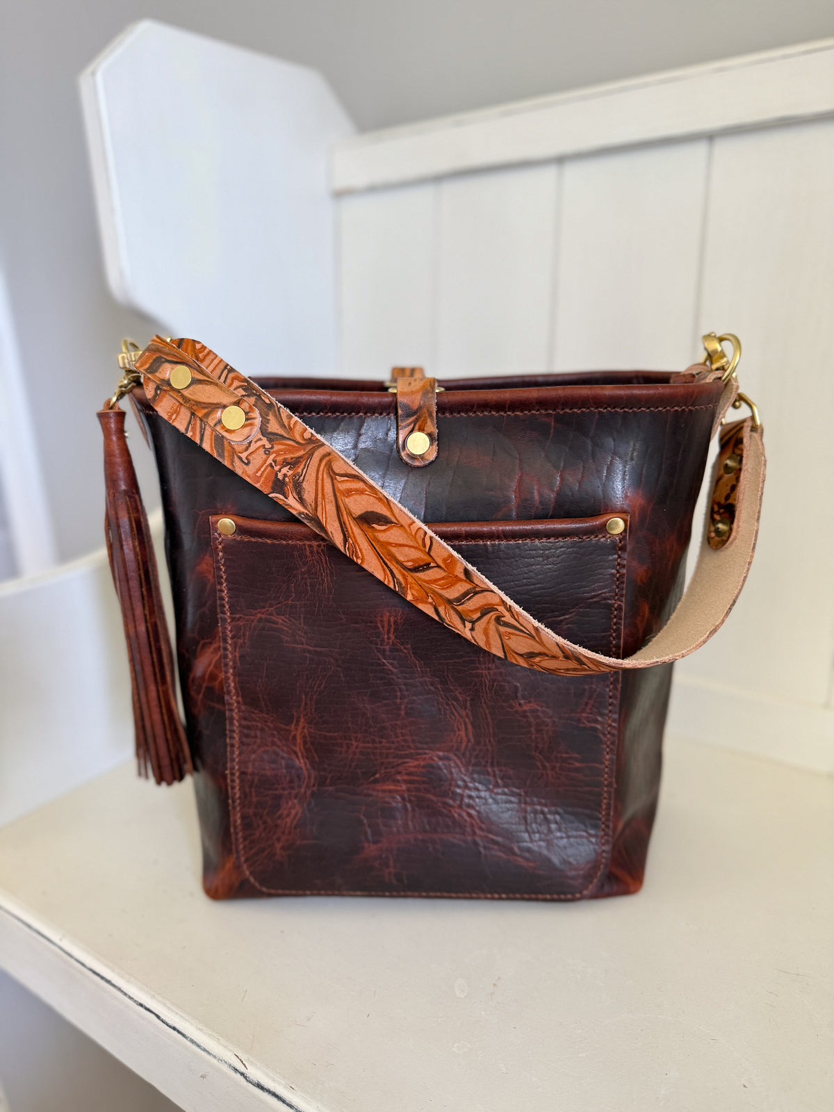 Bennett Bucket in Coffee Full Grain Bison Leather w/Dyed Strap