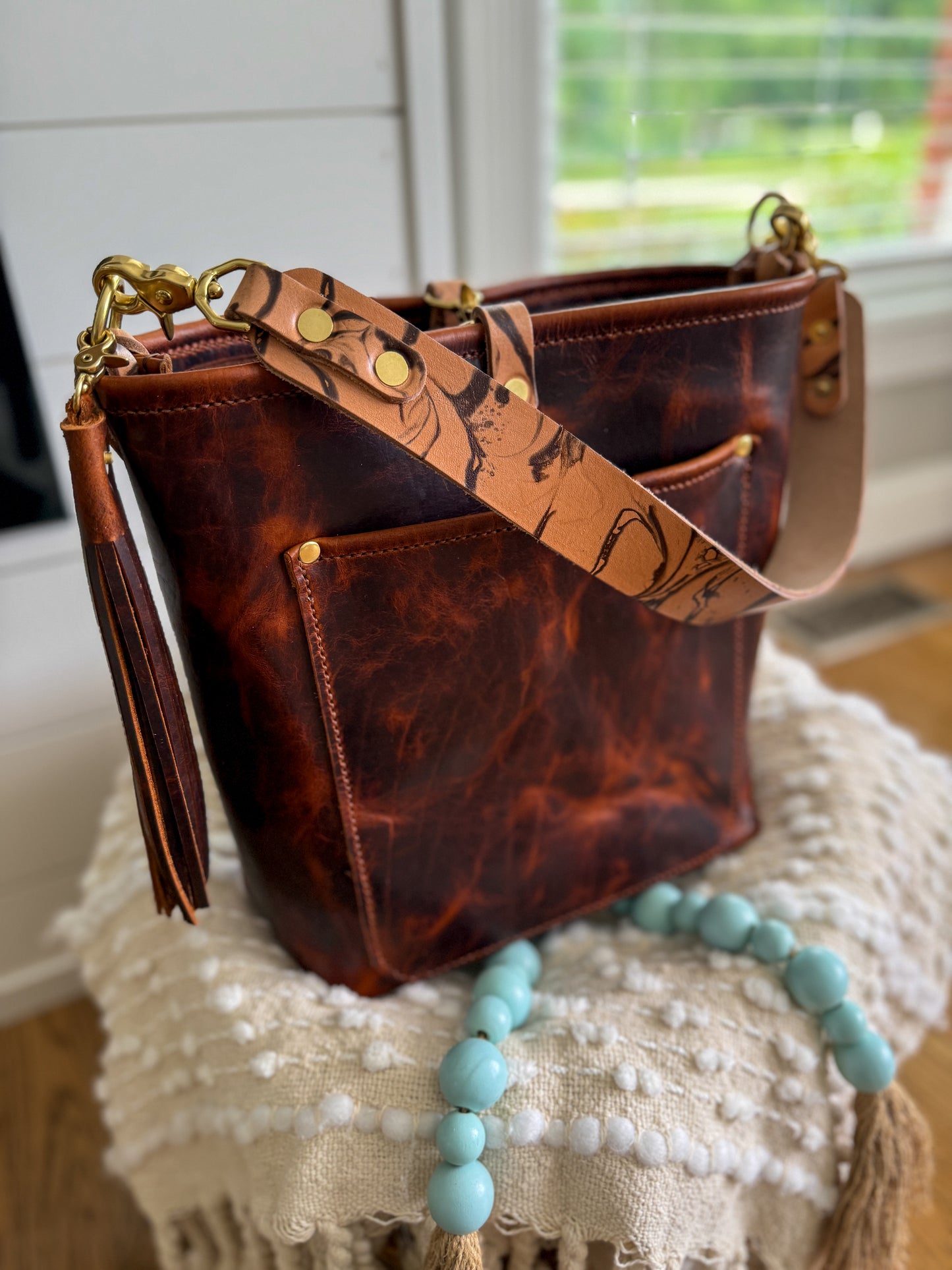 Bennett Bucket in Coffee Full Grain Bison Leather w/Dyed Strap