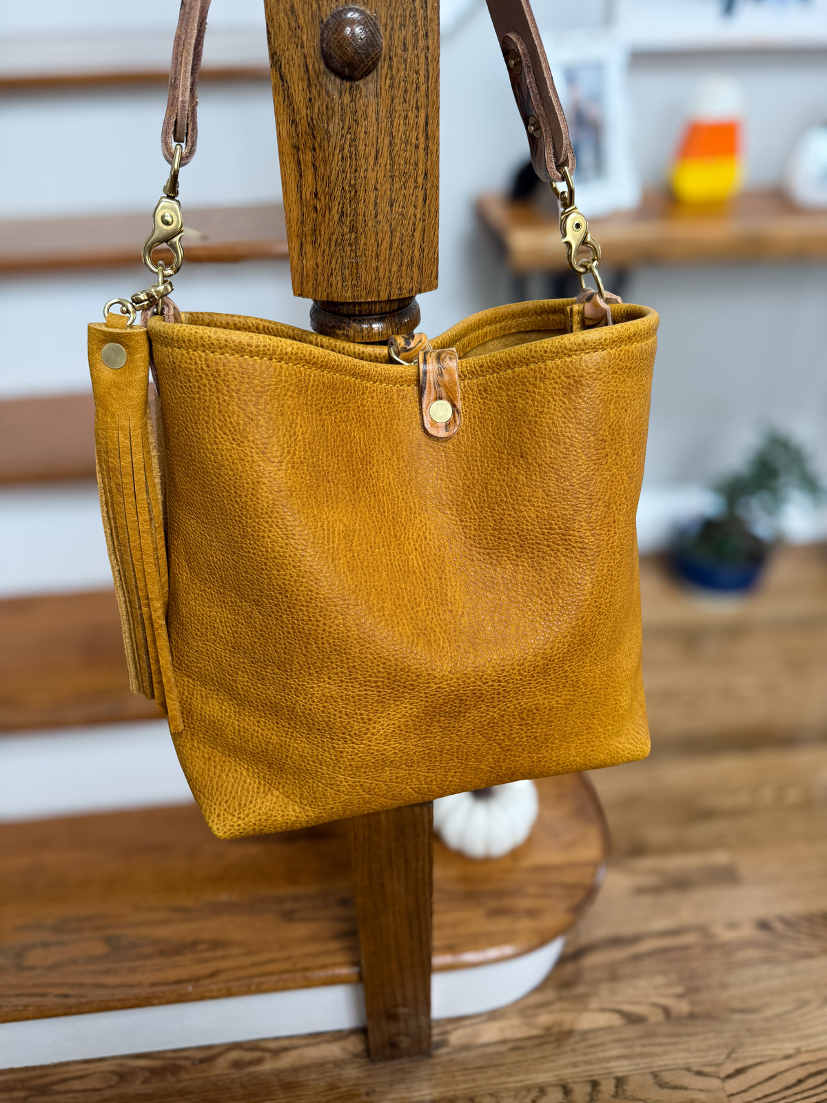 Hobo Bucket in Goldenrod Full Grain Bison w/Candy Strap