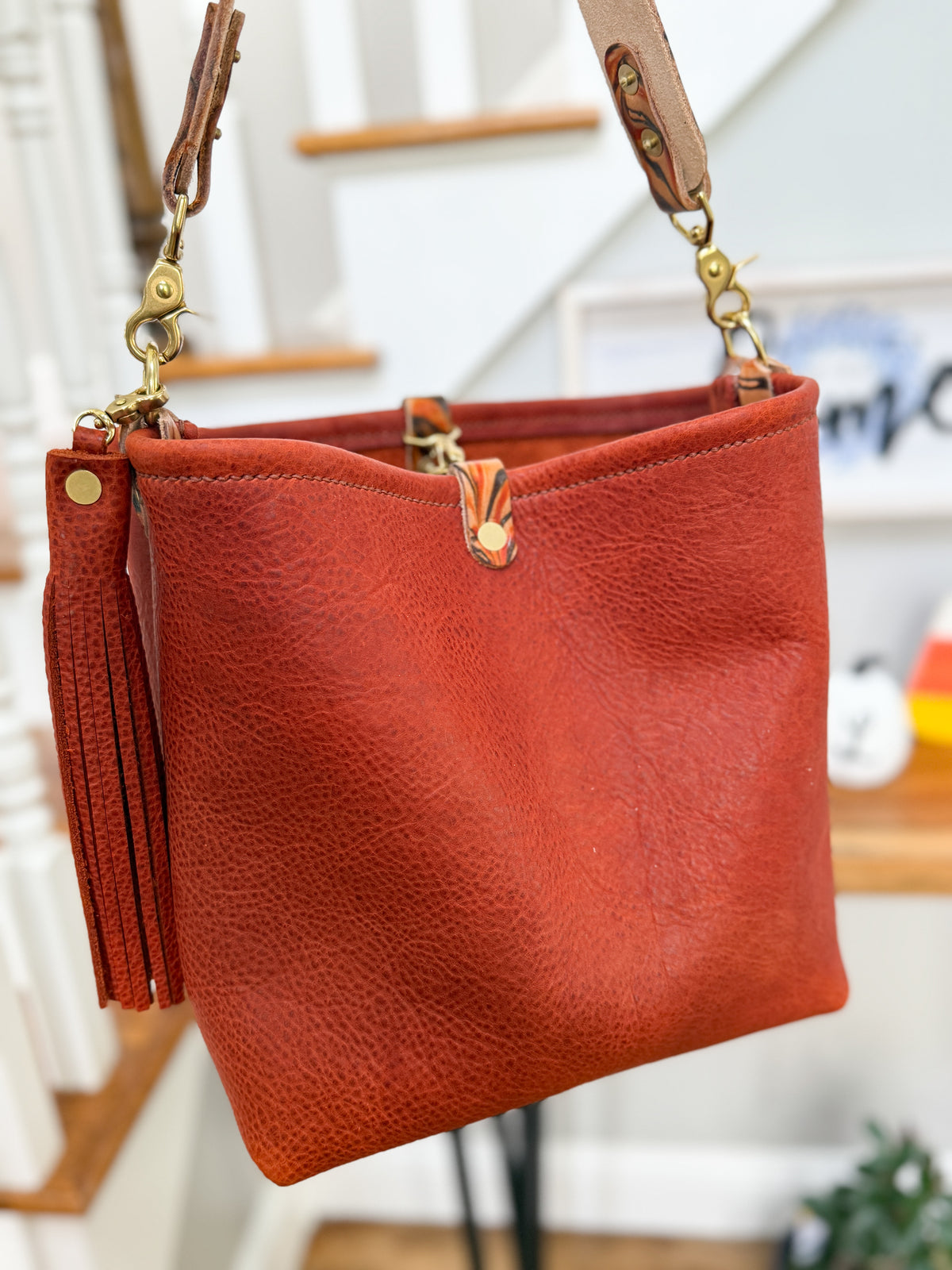 Hobo Bucket in Brick Full Grain Bison w/Candy Strap