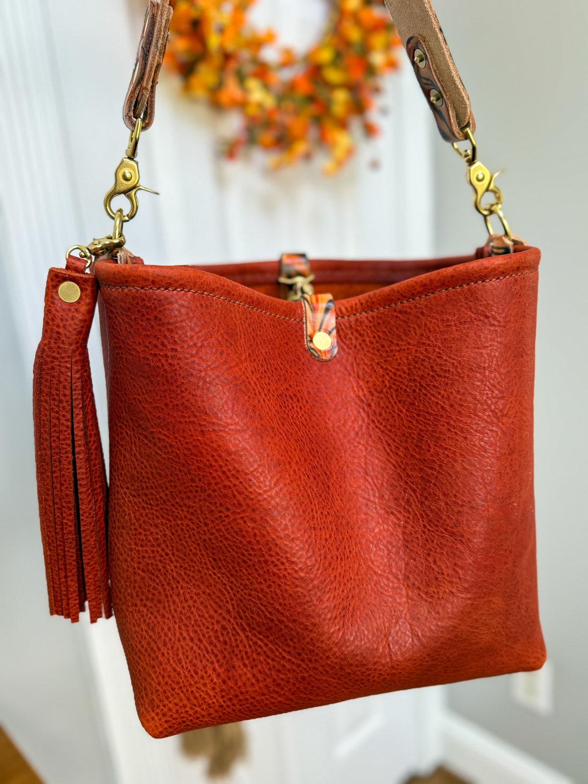 Hobo Bucket in Brick Full Grain Bison w/Candy Strap