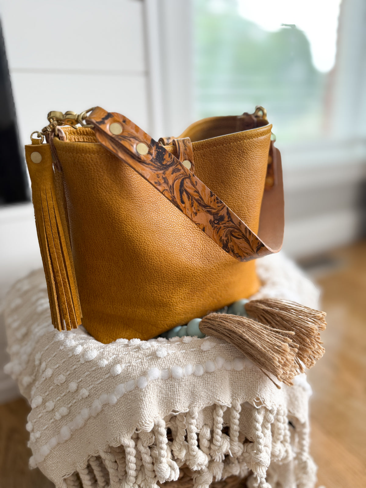 Hobo Bucket in Goldenrod Full Grain Bison w/Candy Strap