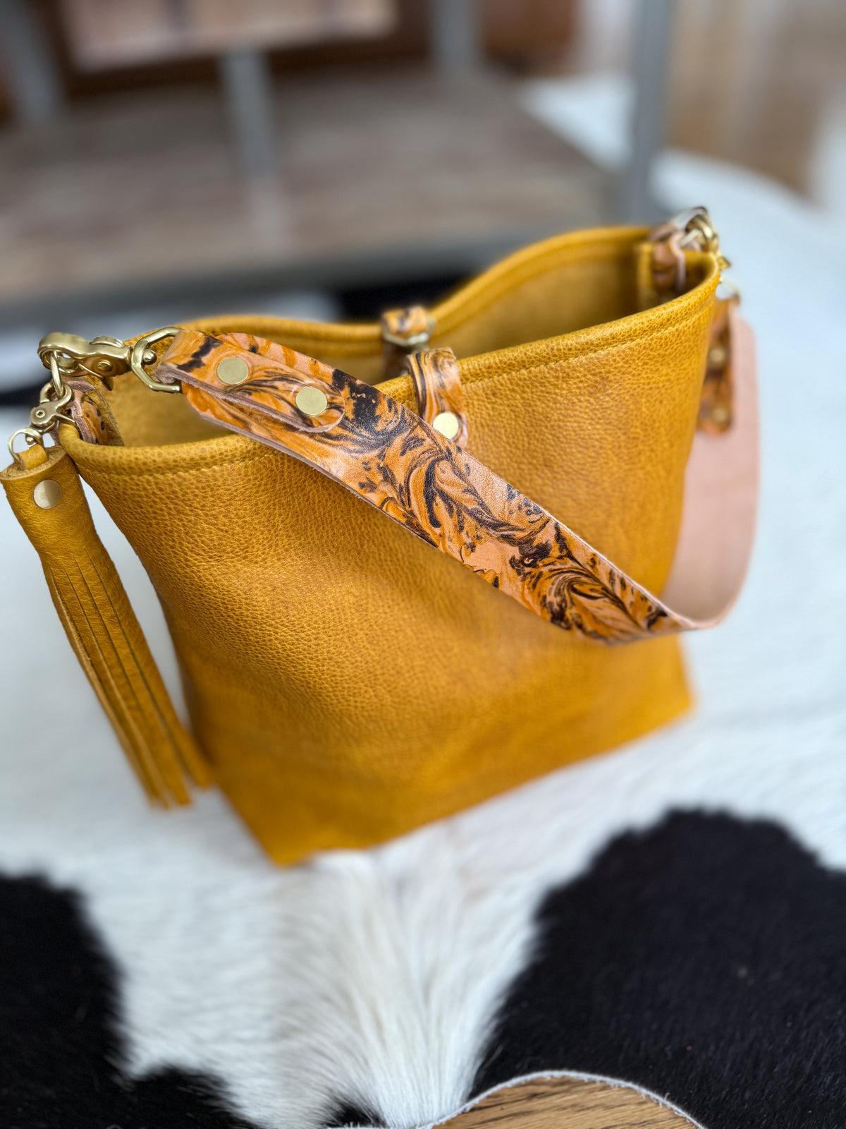 Hobo Bucket in Goldenrod Full Grain Bison w/Candy Strap