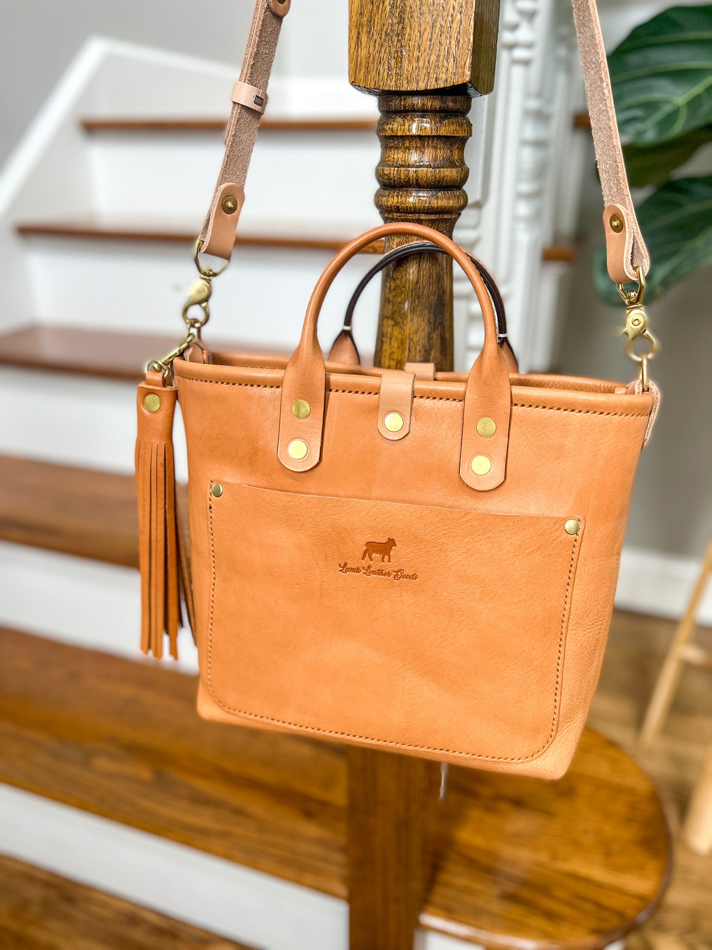 Brookie Medium Crossbody Tote in Natural Italian Full Grain Vegetable Tanned Leather