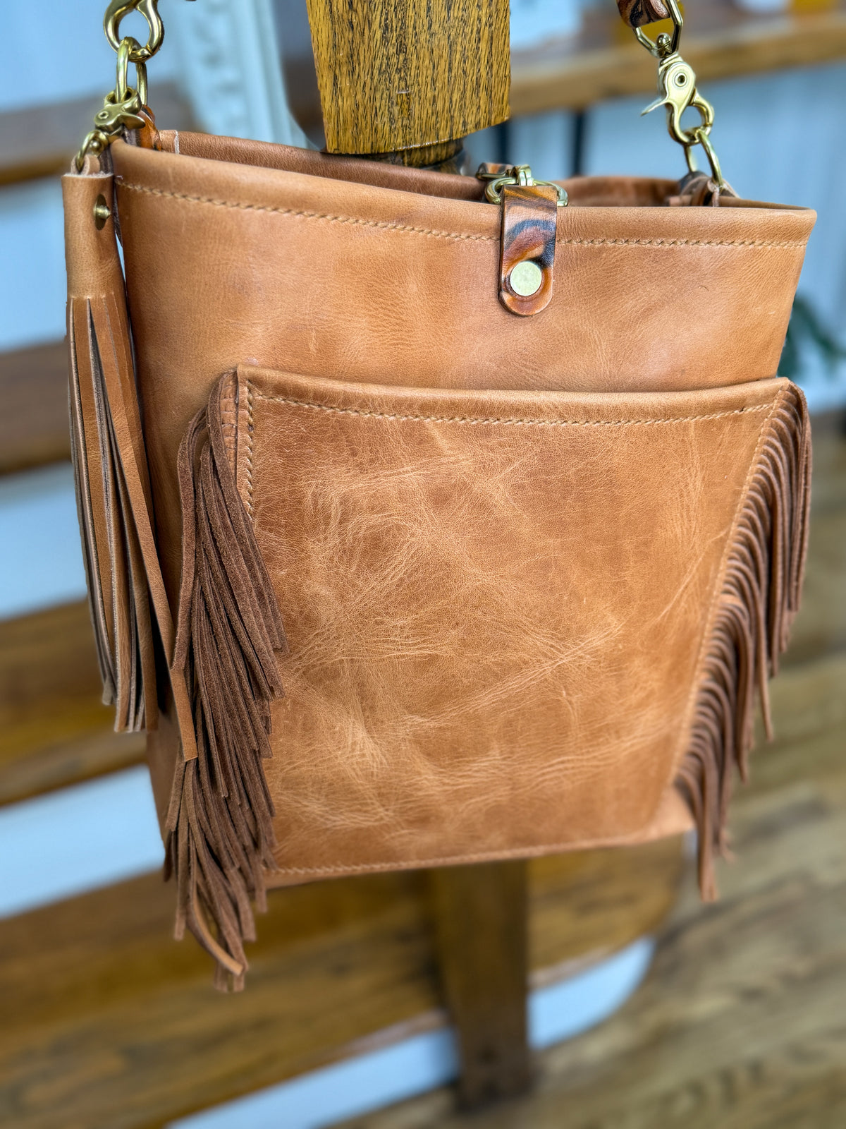 Western Bennett Bucket in Horween Natural Derby w/fringe and Candy Strap