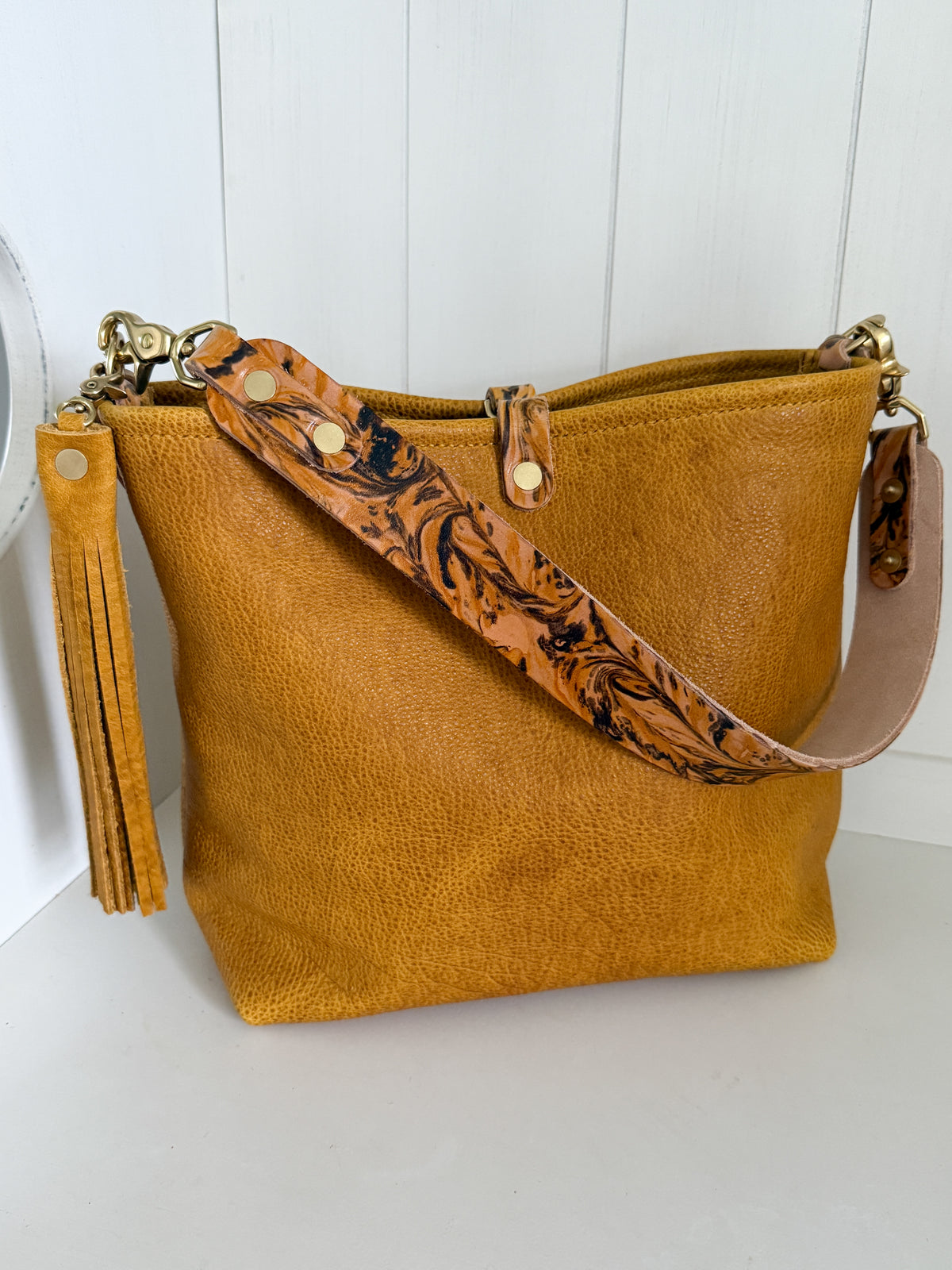 Hobo Bucket in Goldenrod Full Grain Bison w/Candy Strap