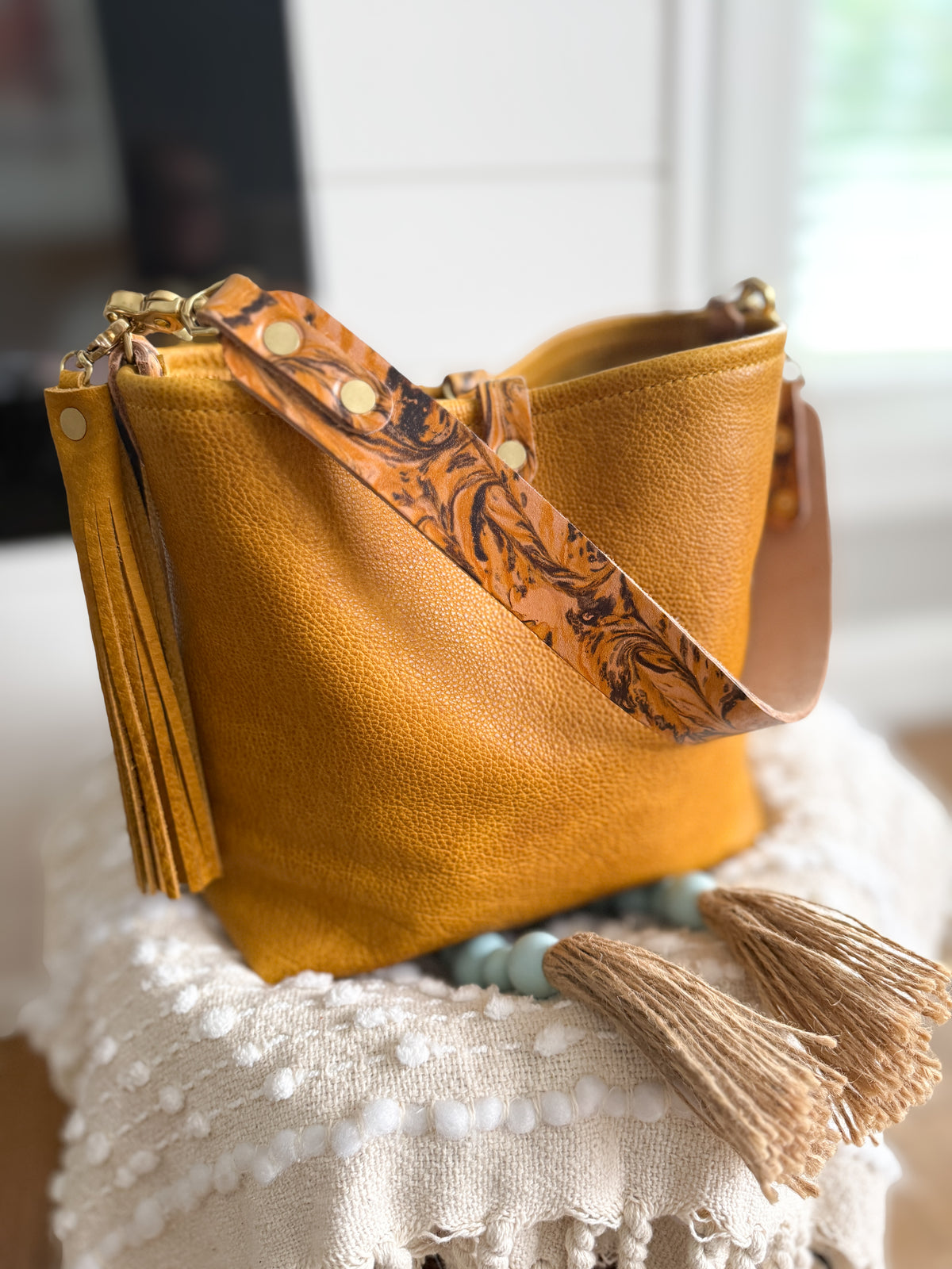 Hobo Bucket in Goldenrod Full Grain Bison w/Candy Strap