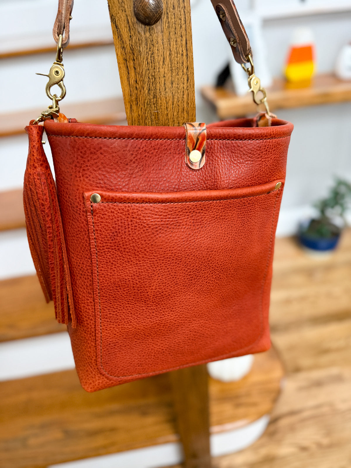 Bennett Bucket in Brick Bison Full Grain Leather w/Candy Strap
