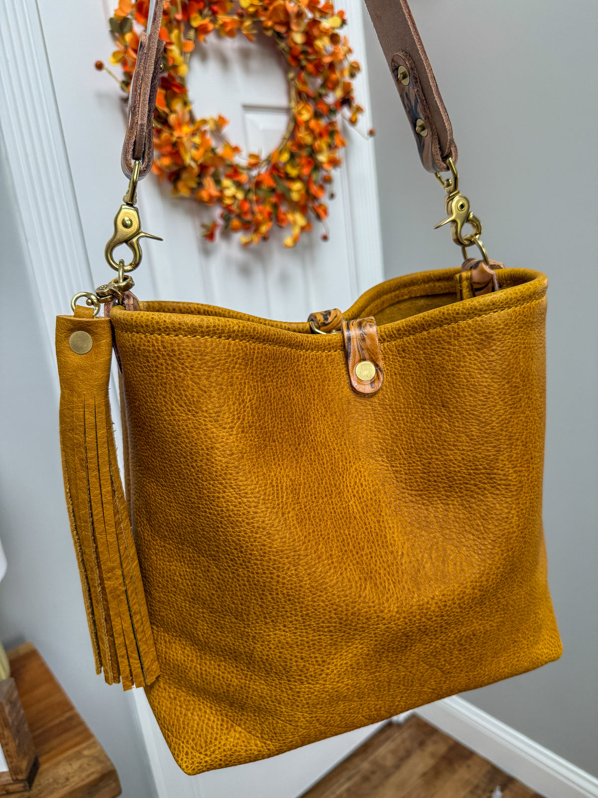 Hobo Bucket in Goldenrod Full Grain Bison w/Candy Strap