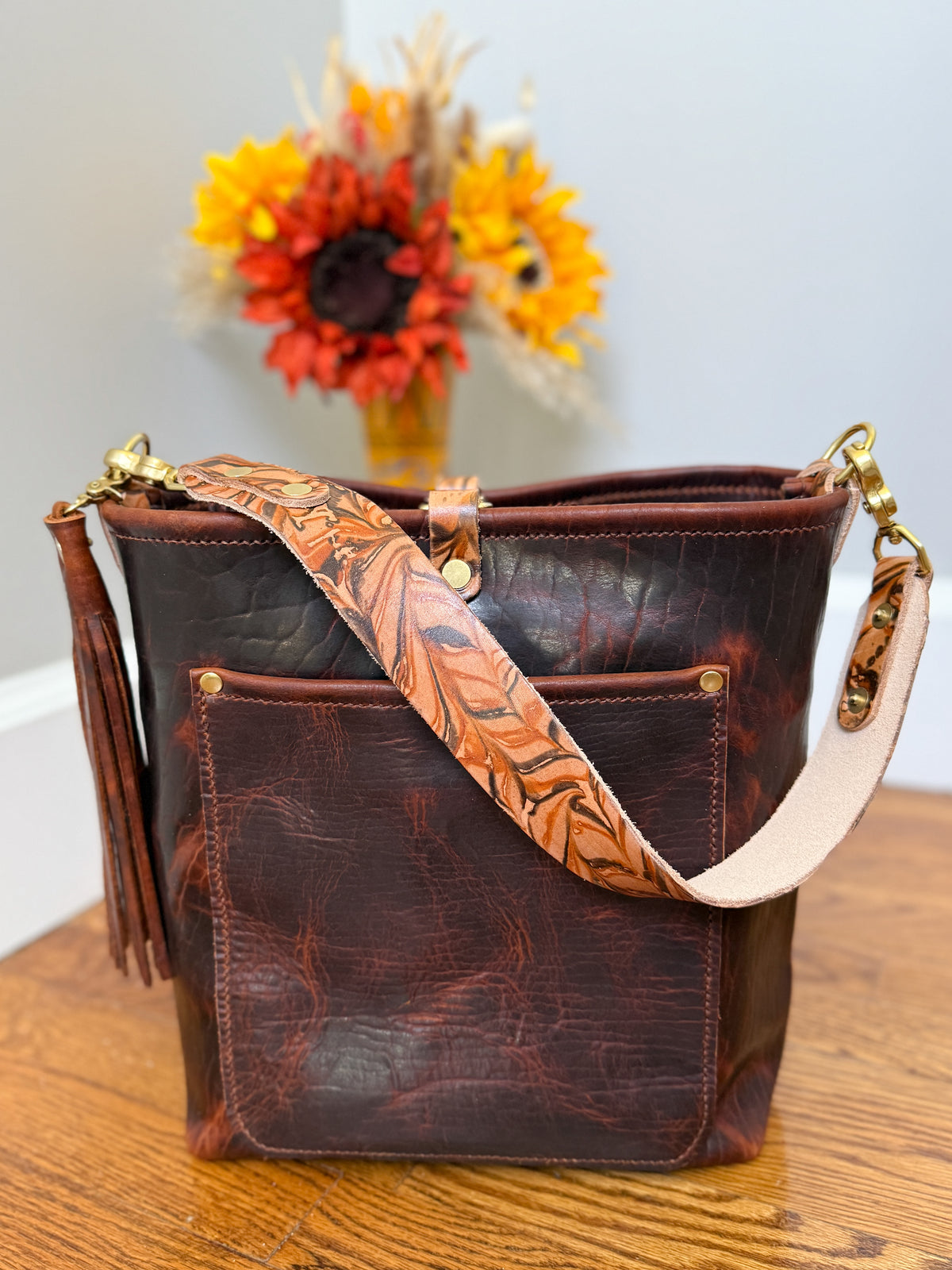 Bennett Bucket in Coffee Full Grain Bison Leather w/Dyed Strap