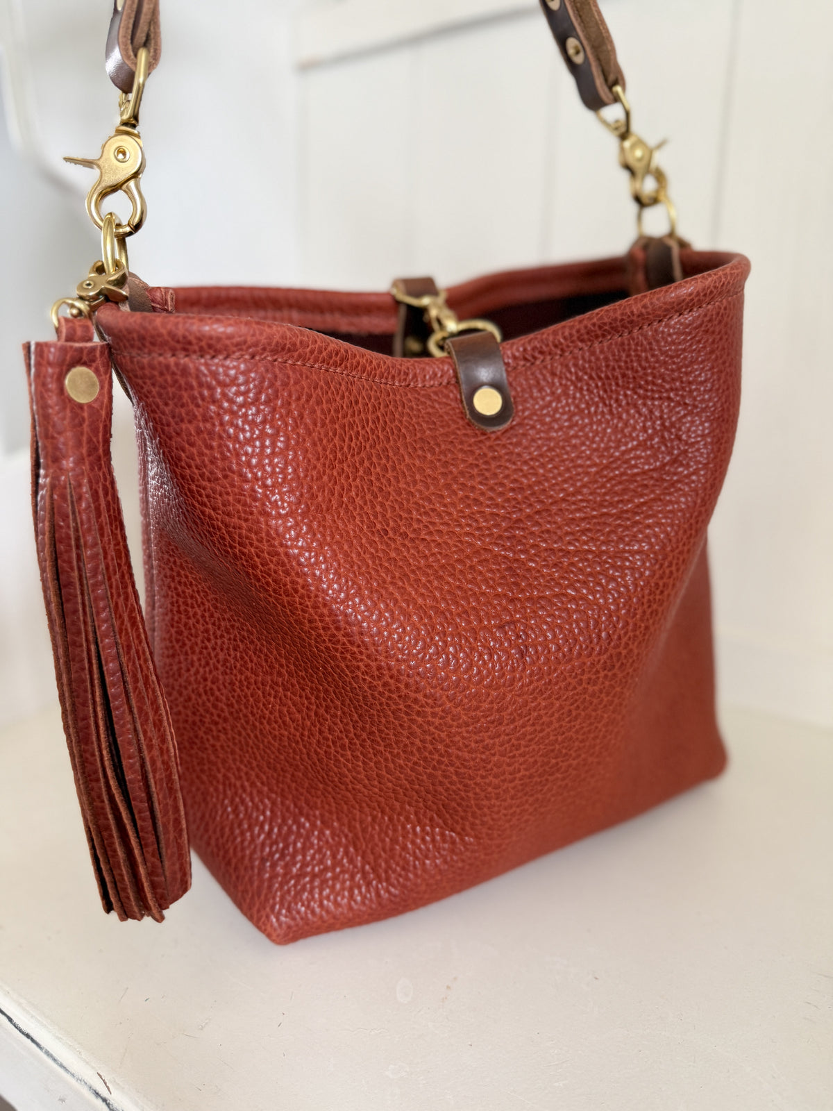 Hobo Bucket in Chestnut Full Grain Bison Leather