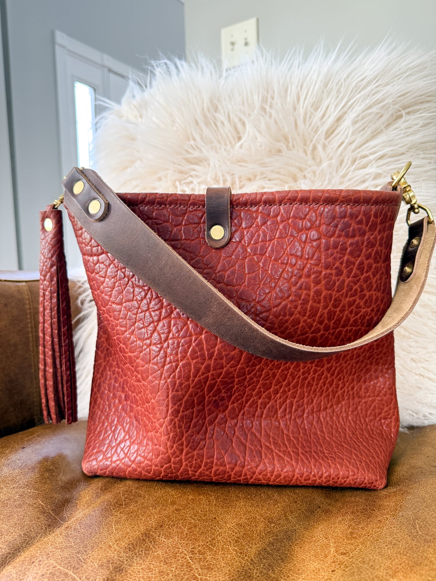 Hobo Bucket in Chestnut Full Grain Bison Leather