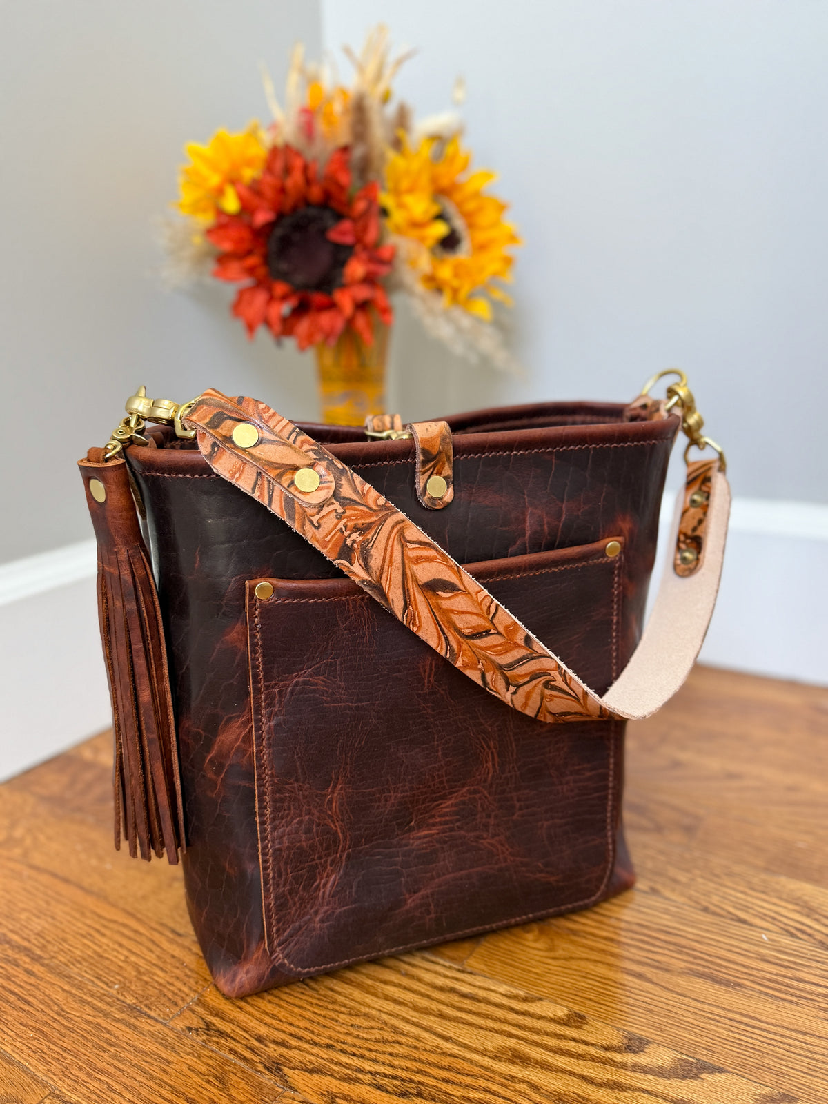 Bennett Bucket in Coffee Full Grain Bison Leather w/Dyed Strap