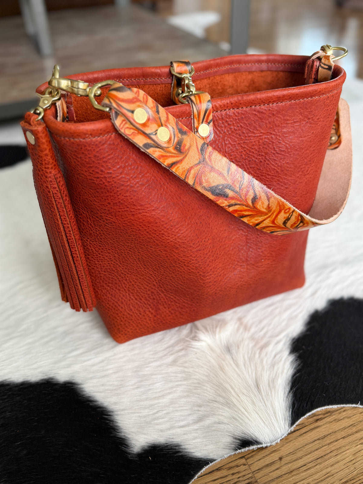 Hobo Bucket in Brick Full Grain Bison w/Candy Strap