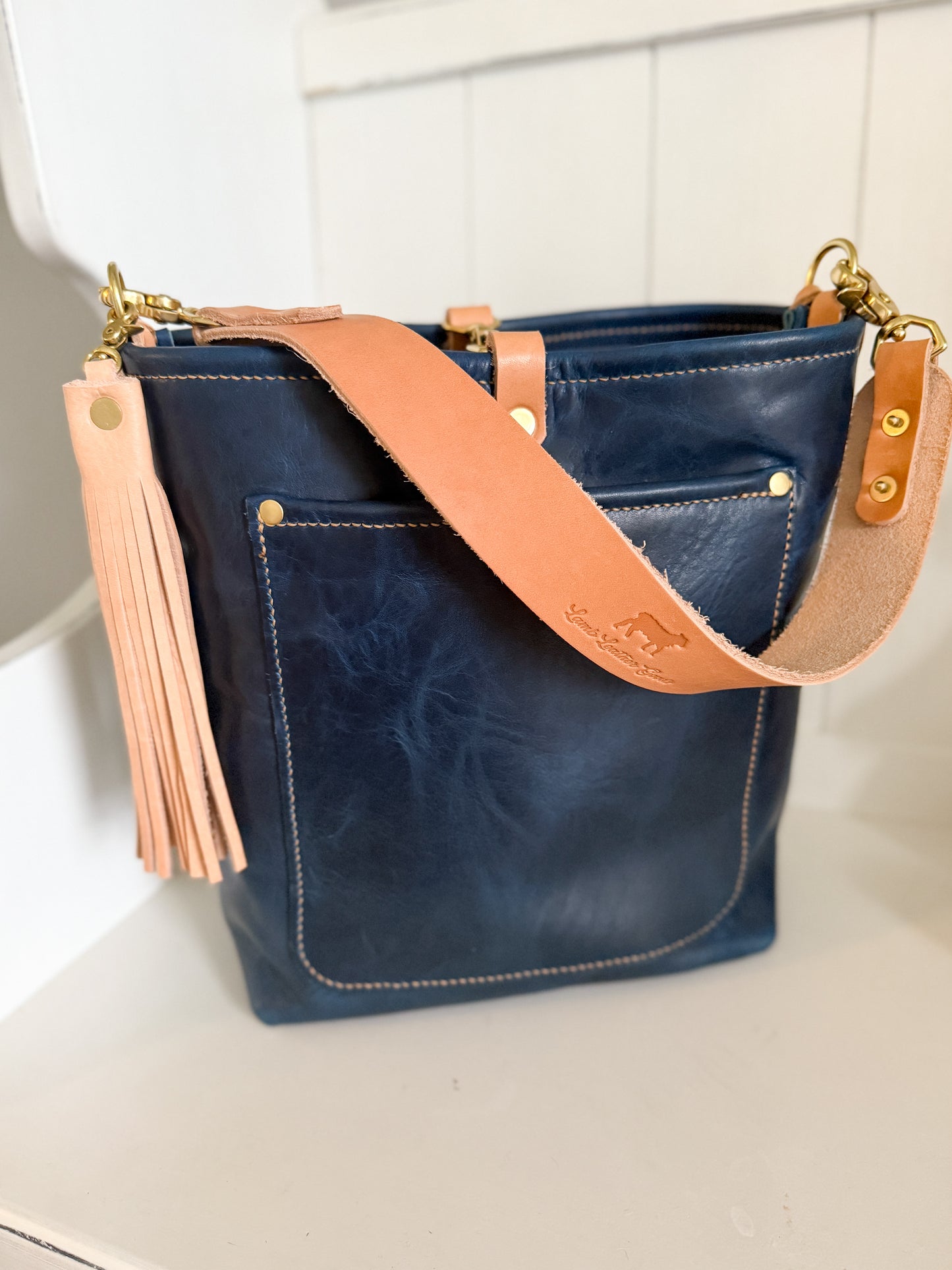 Bennett Bucket in Horween Cobalt Derby Veg Tan Leather