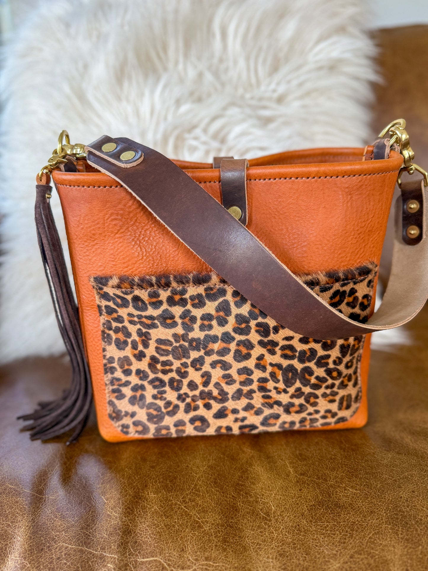 Bennett “shorty” Bucket in Ginger Vachetta w/cowhide pocket