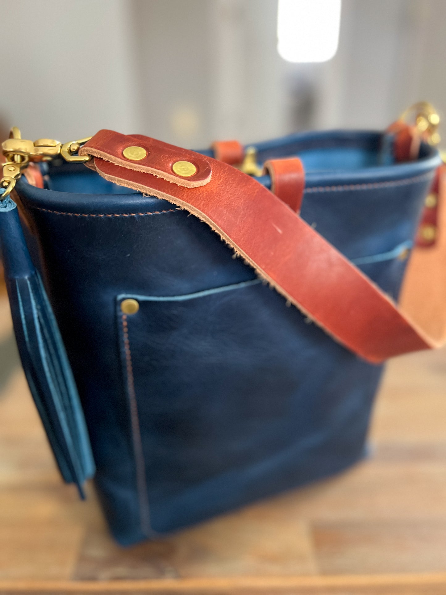 Bennett Bucket in Horween Cobalt Derby Veg Tan Leather