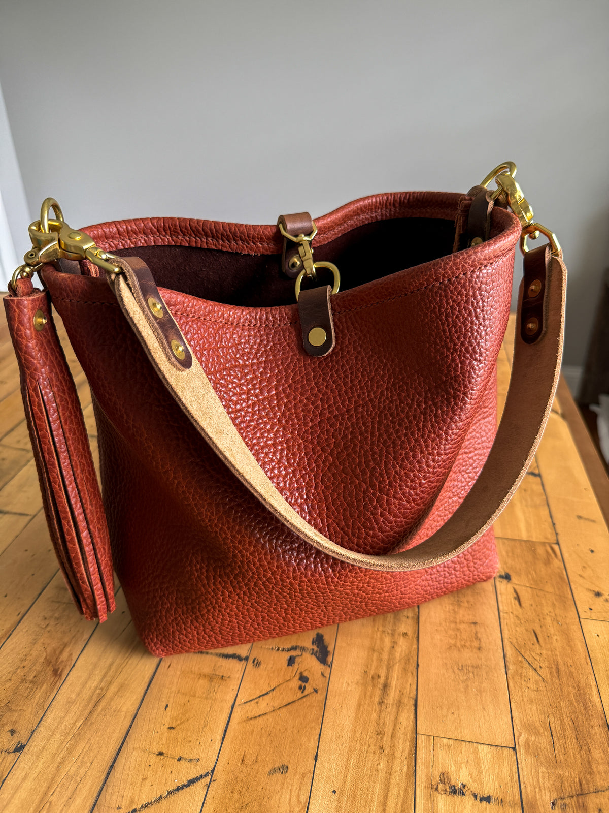 Hobo Bucket in Chestnut Full Grain Bison Leather