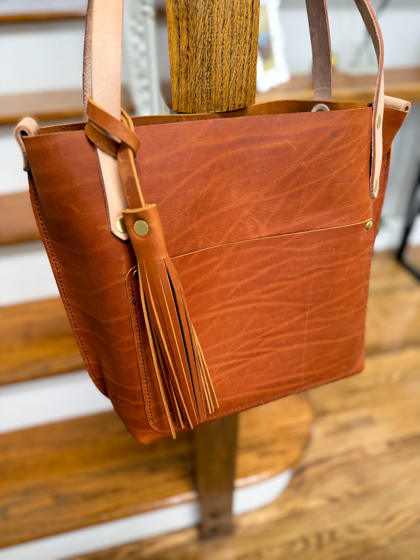 East West Tote in Tawny Full Grain Leather with foot/base