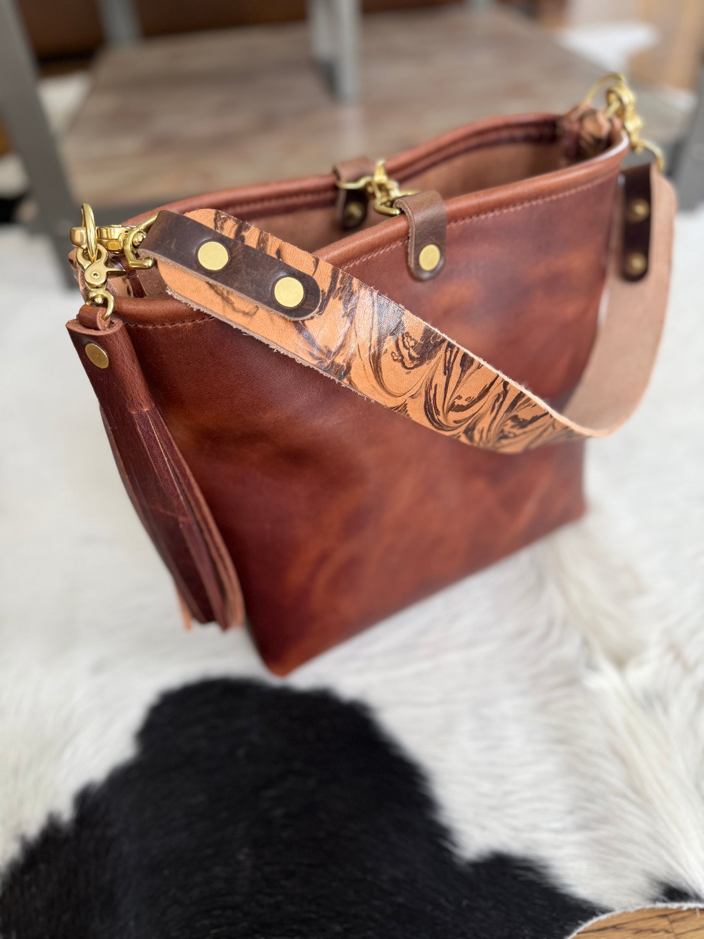 Hobo Bucket in Horween Brown Nut Dublin w/Candy Strap