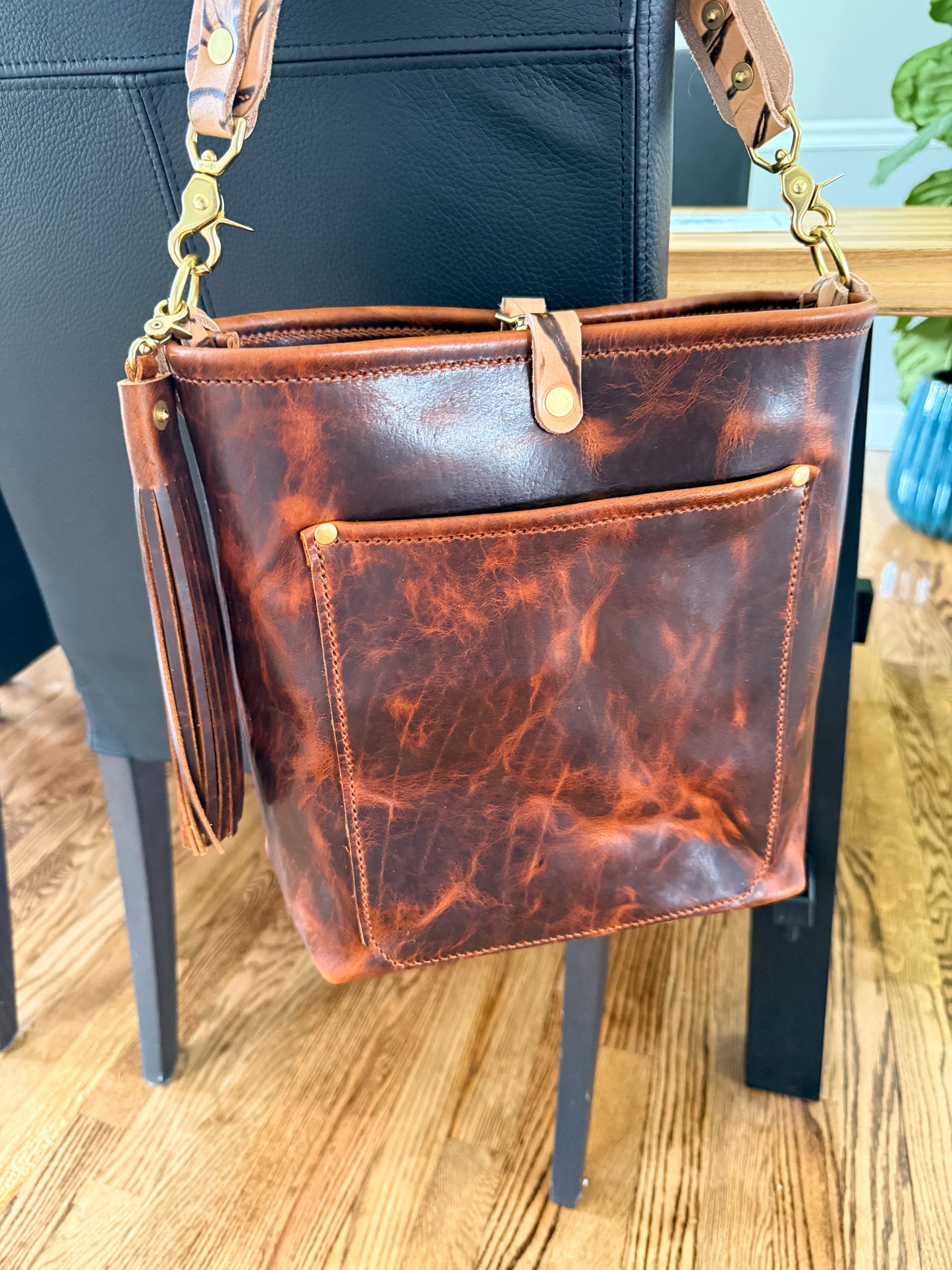 Bennett Bucket in Coffee Full Grain Bison Leather w/Dyed Strap