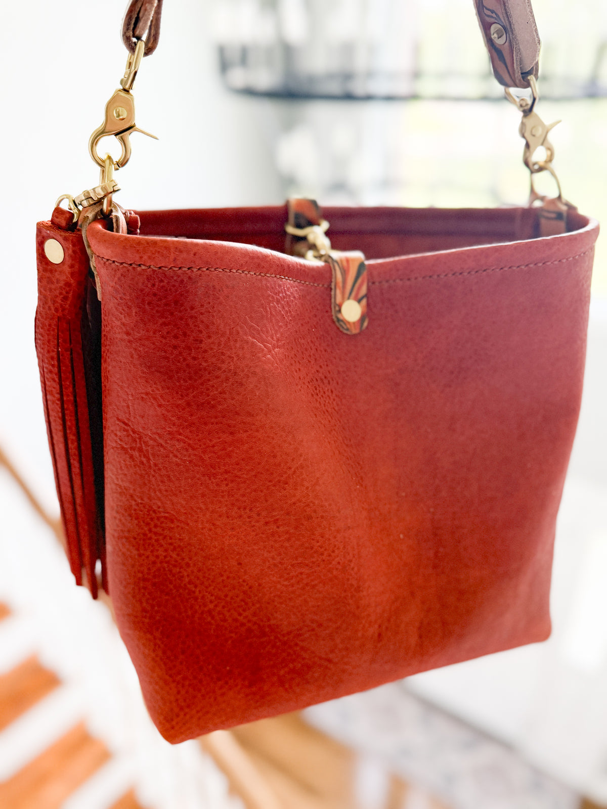 Hobo Bucket in Brick Full Grain Bison w/Candy Strap
