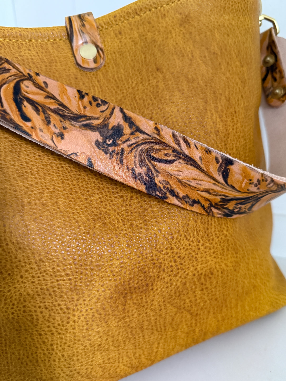 Hobo Bucket in Goldenrod Full Grain Bison w/Candy Strap