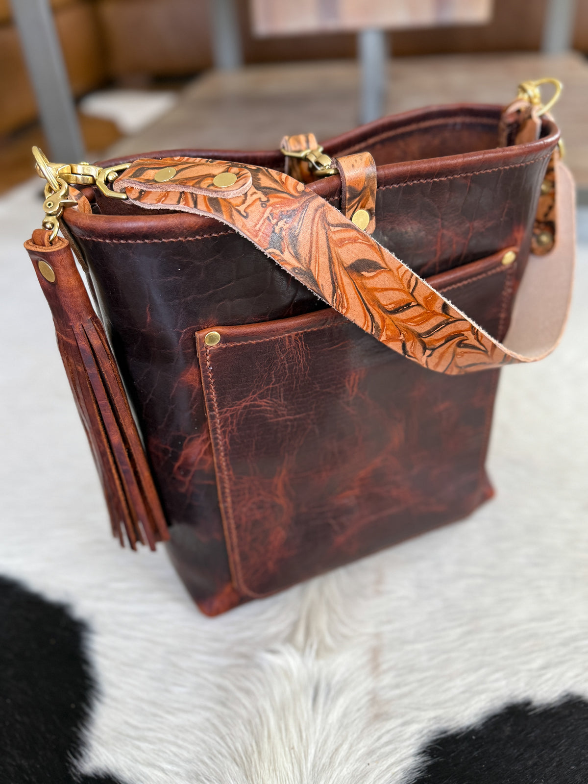 Bennett Bucket in Coffee Full Grain Bison Leather w/Dyed Strap