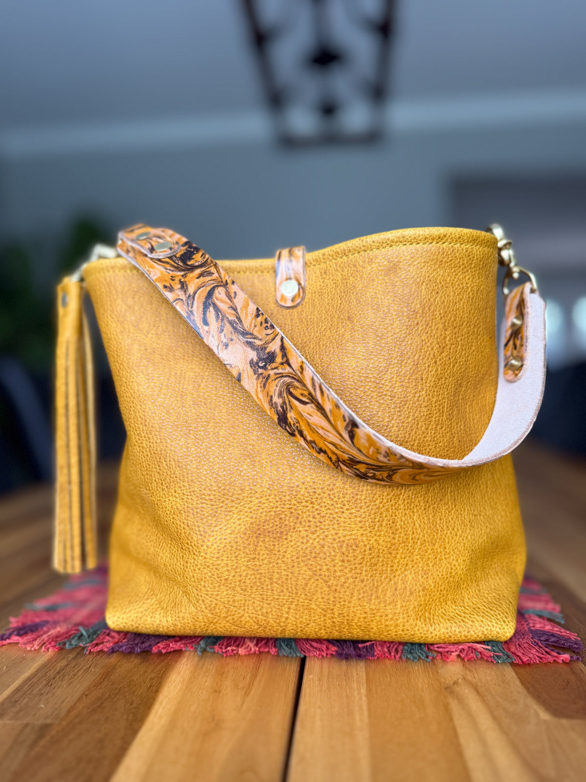 Hobo Bucket in Goldenrod Full Grain Bison w/Candy Strap