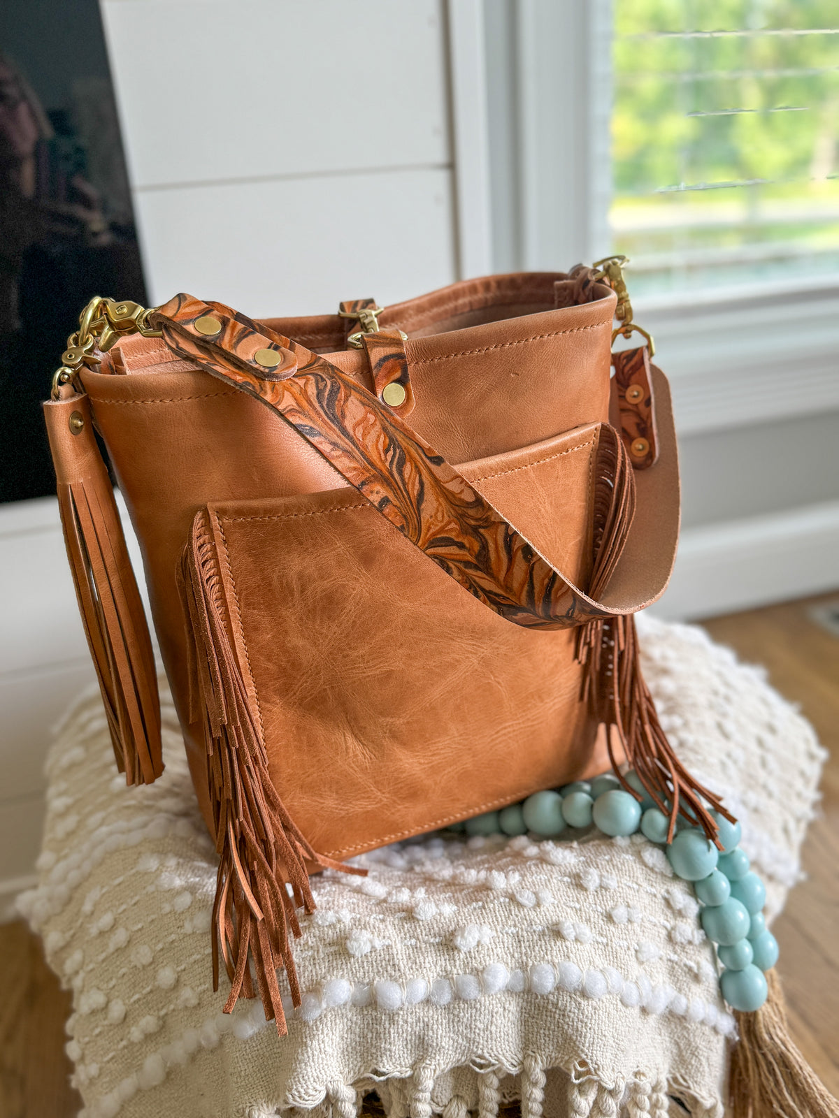 Western Bennett Bucket in Horween Natural Derby w/fringe and Candy Strap