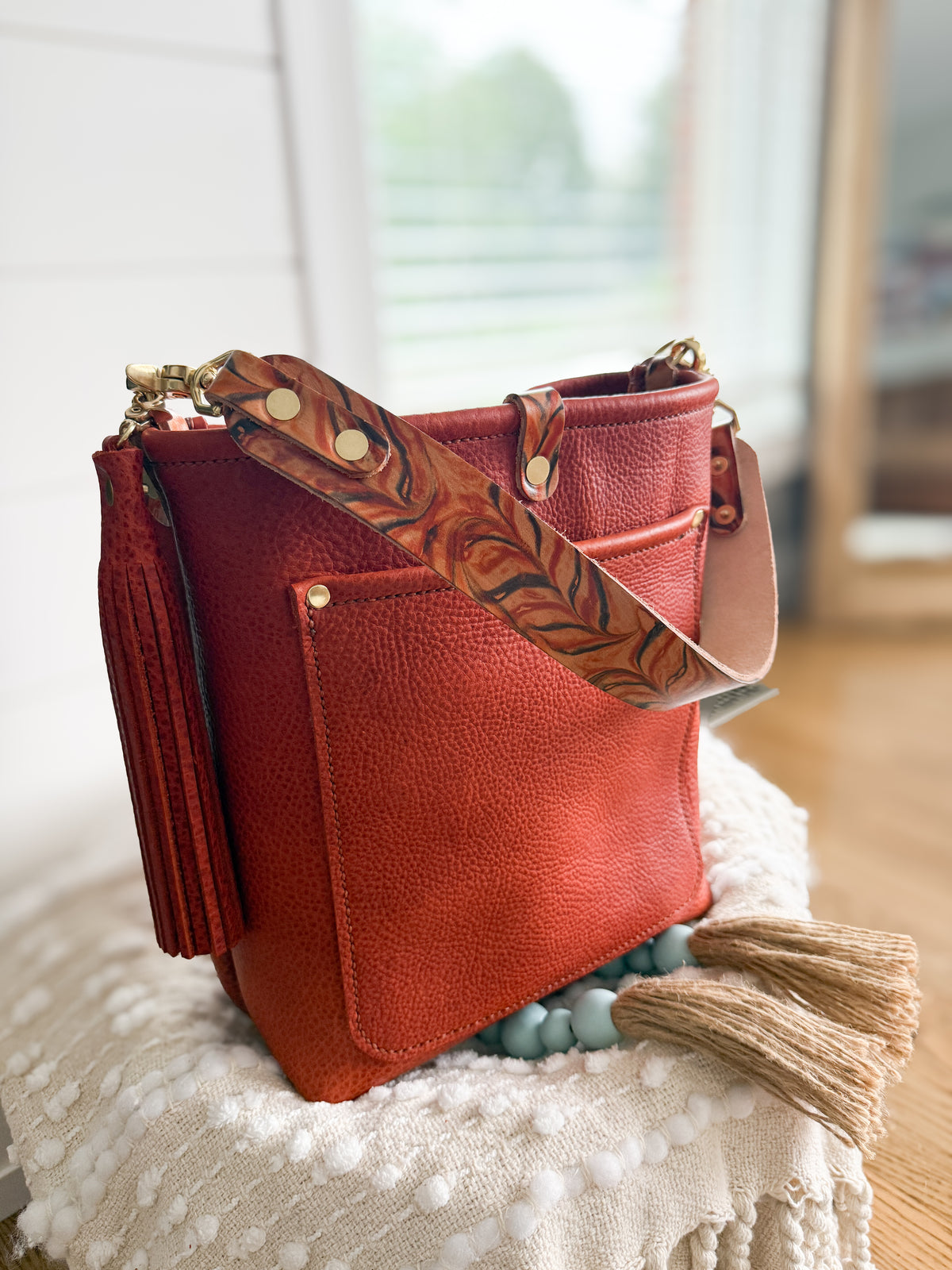 Bennett Bucket in Brick Bison Full Grain Leather w/Candy Strap