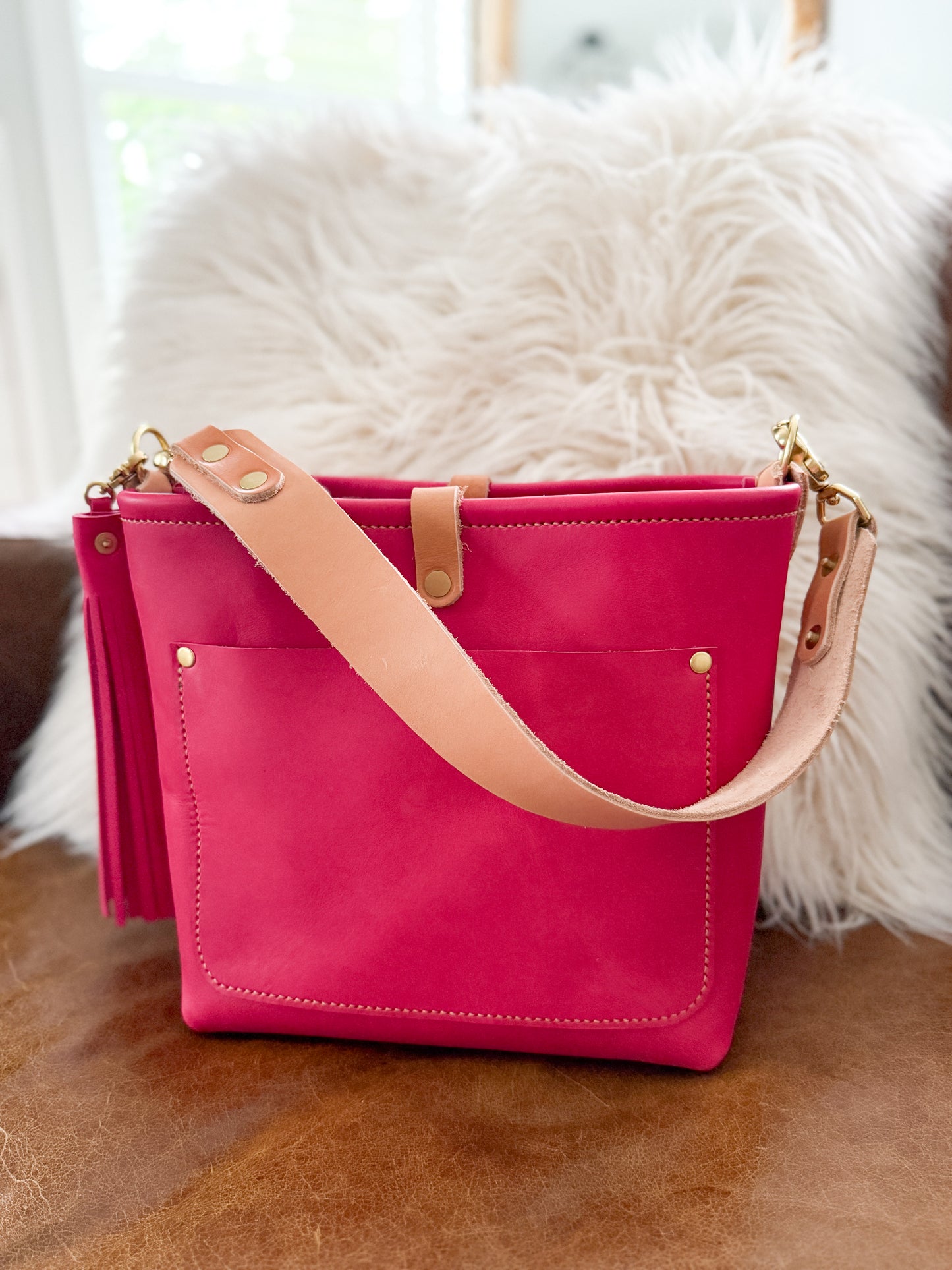 Bennett “shorty” Bucket in Fuscia Vachetta (non-milled)