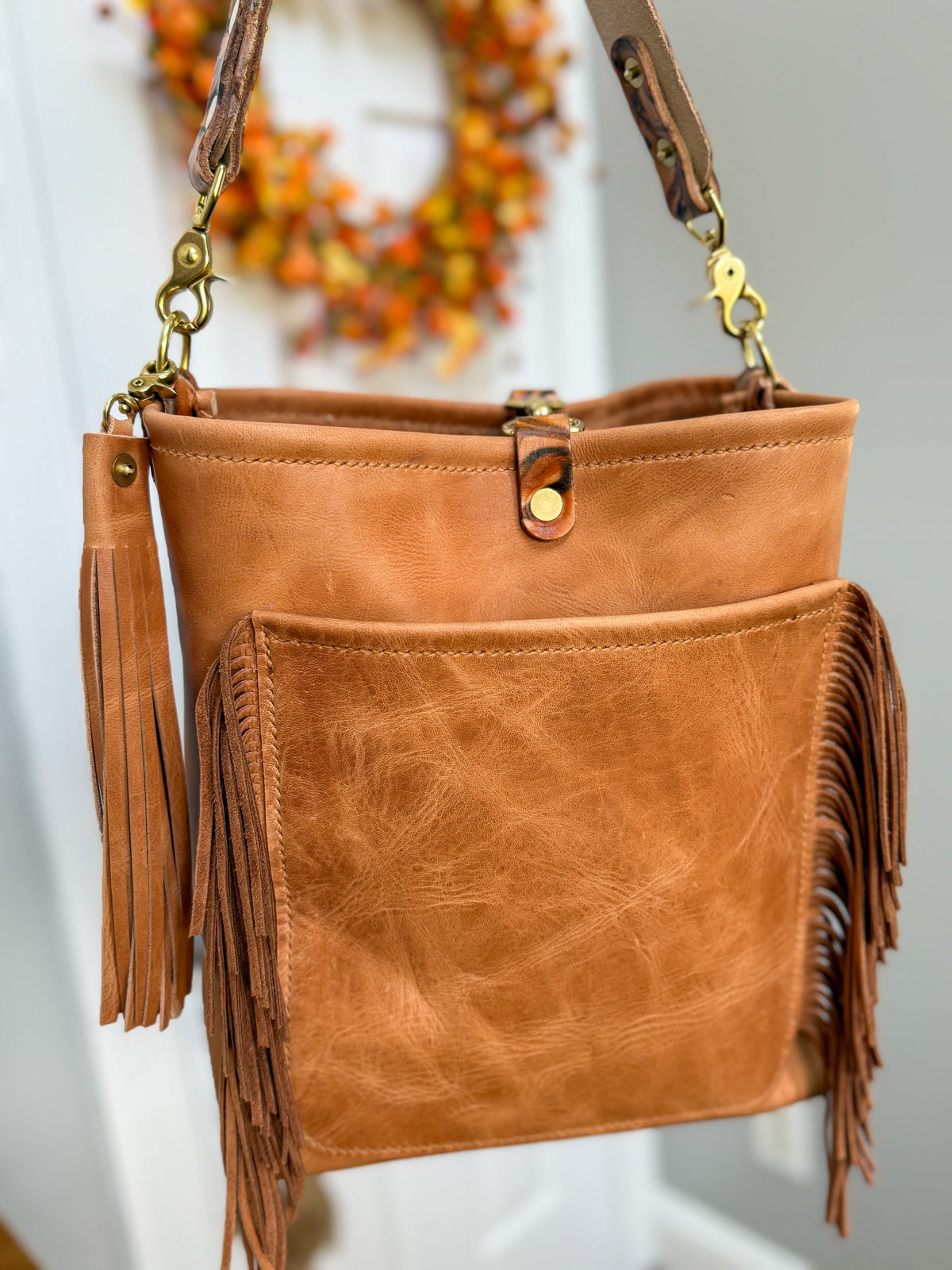 Western Bennett Bucket in Horween Natural Derby w/fringe and Candy Strap