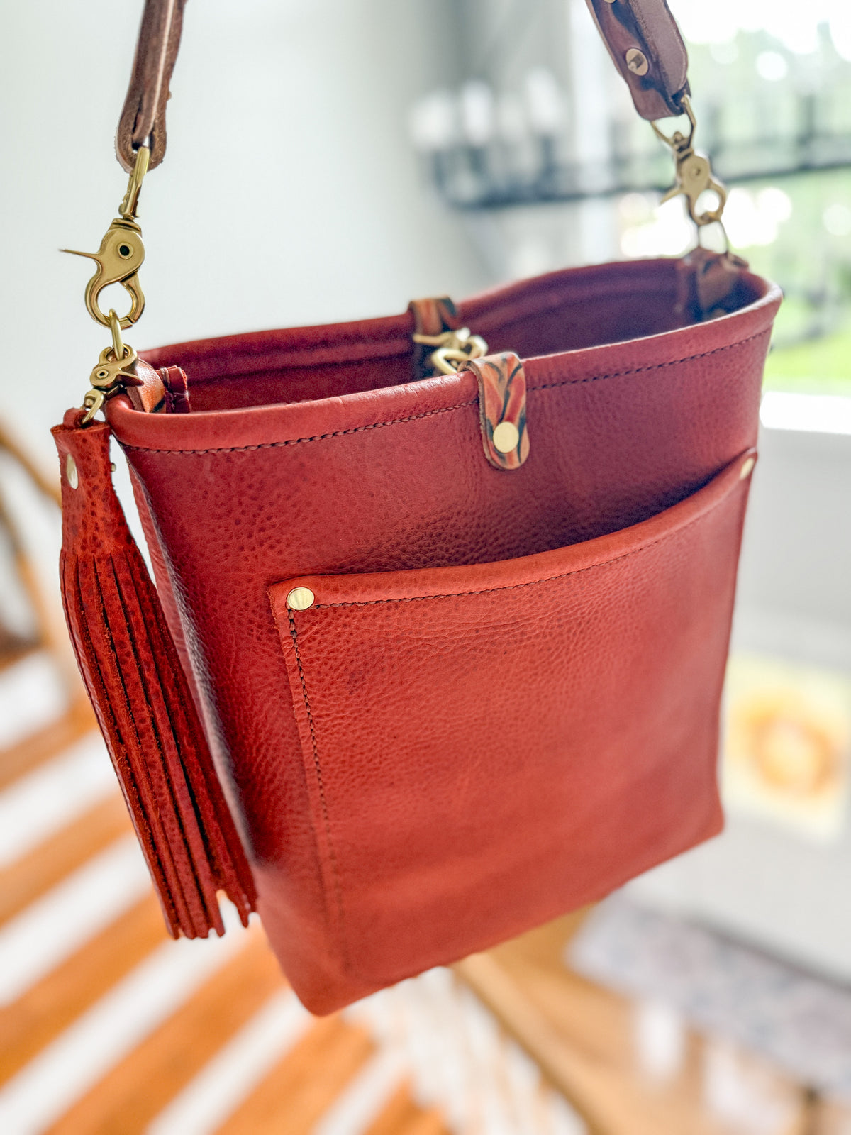 Bennett Bucket in Brick Bison Full Grain Leather w/Candy Strap