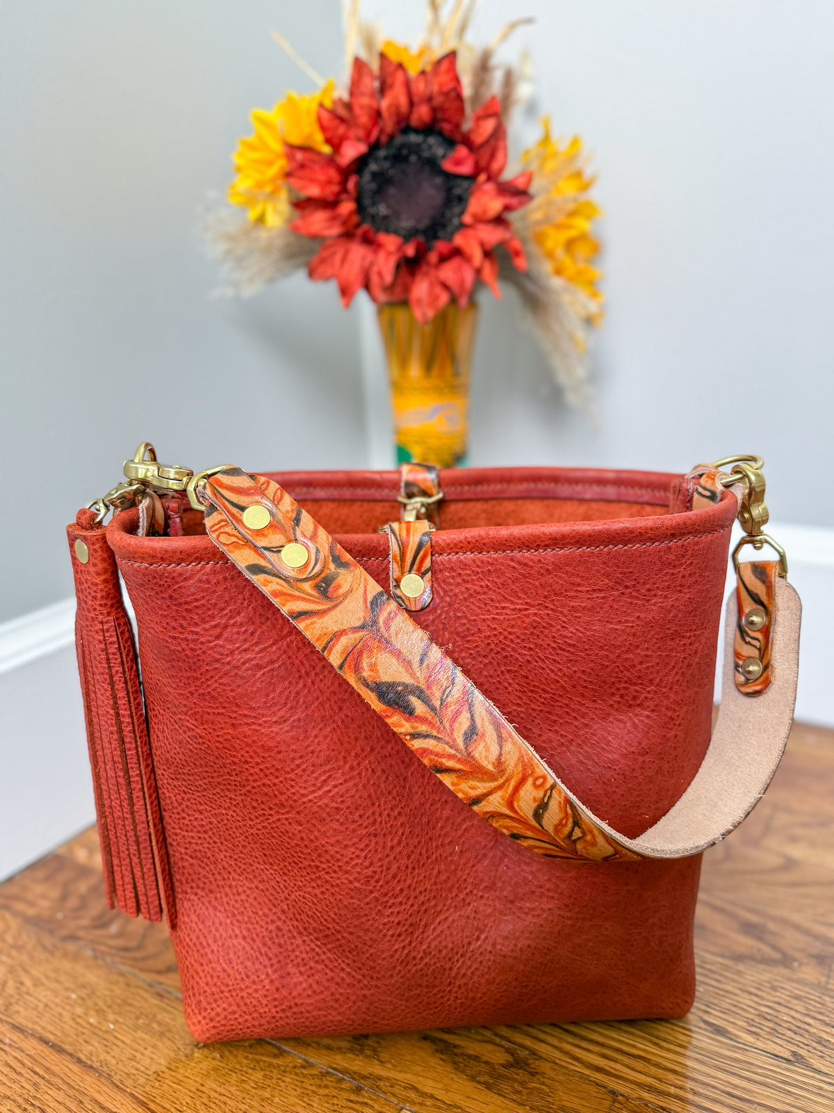 Hobo Bucket in Brick Full Grain Bison w/Candy Strap