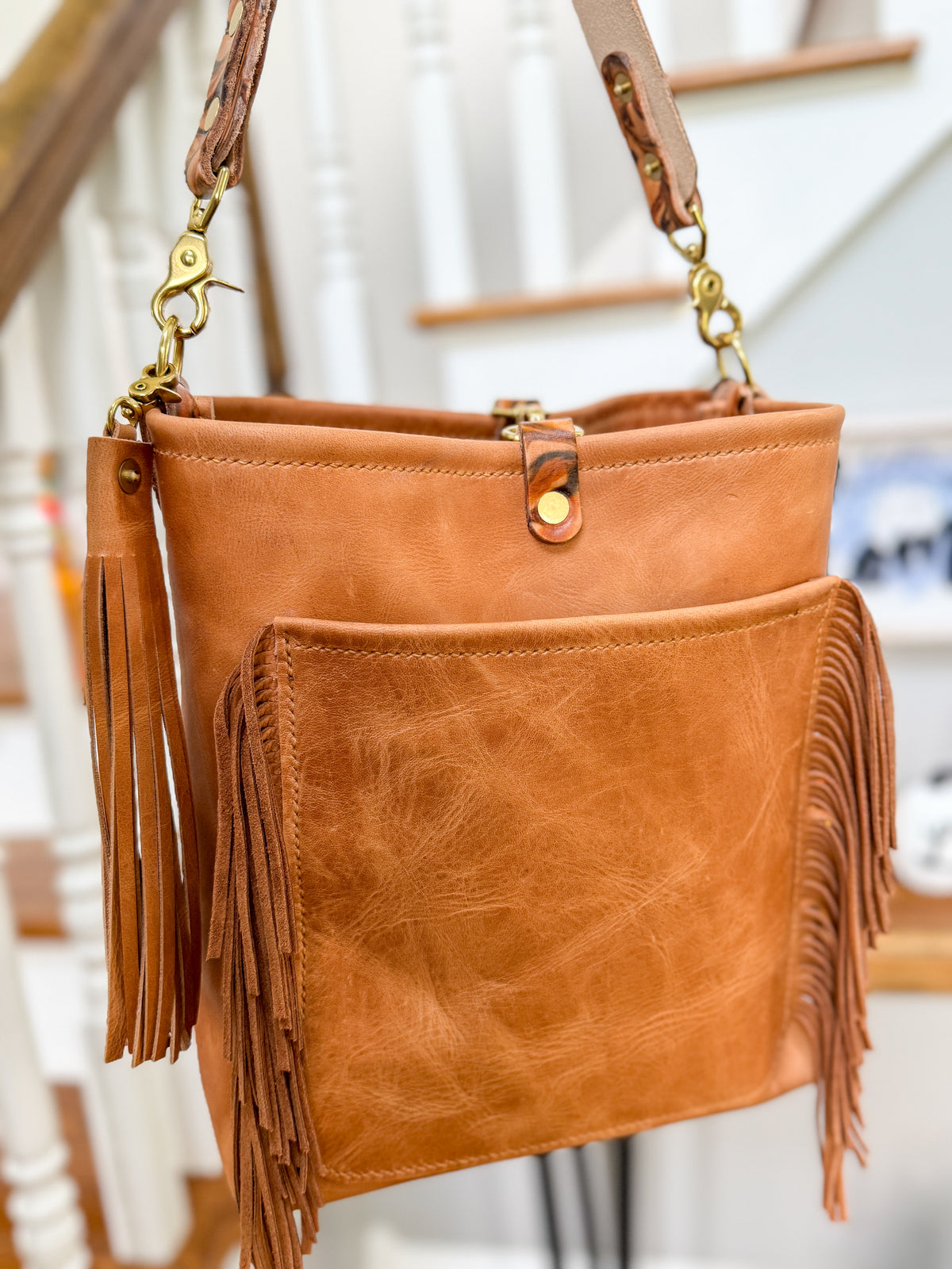 Western Bennett Bucket in Horween Natural Derby w/fringe and Candy Strap