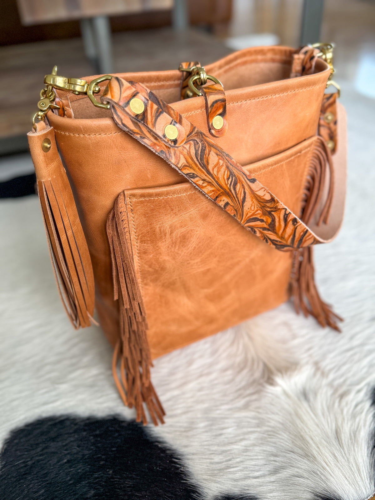 Western Bennett Bucket in Horween Natural Derby w/fringe and Candy Strap