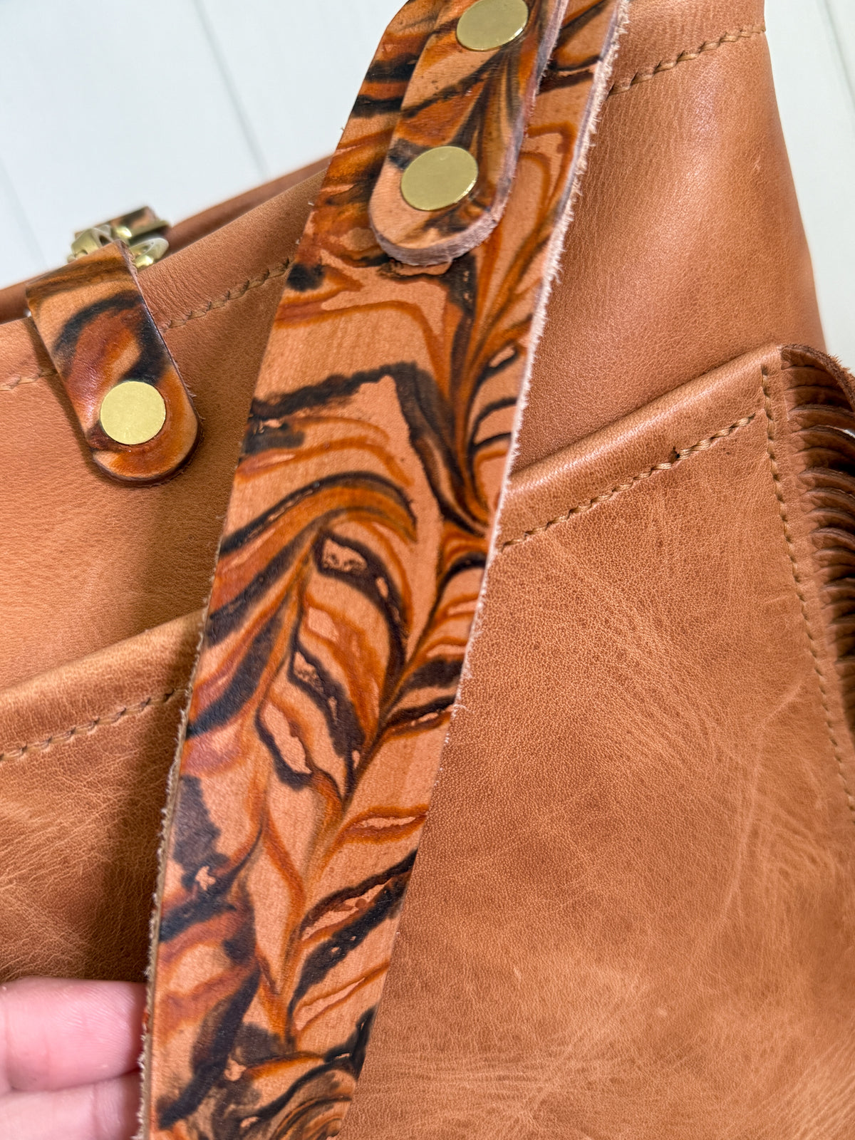 Western Bennett Bucket in Horween Natural Derby w/fringe and Candy Strap