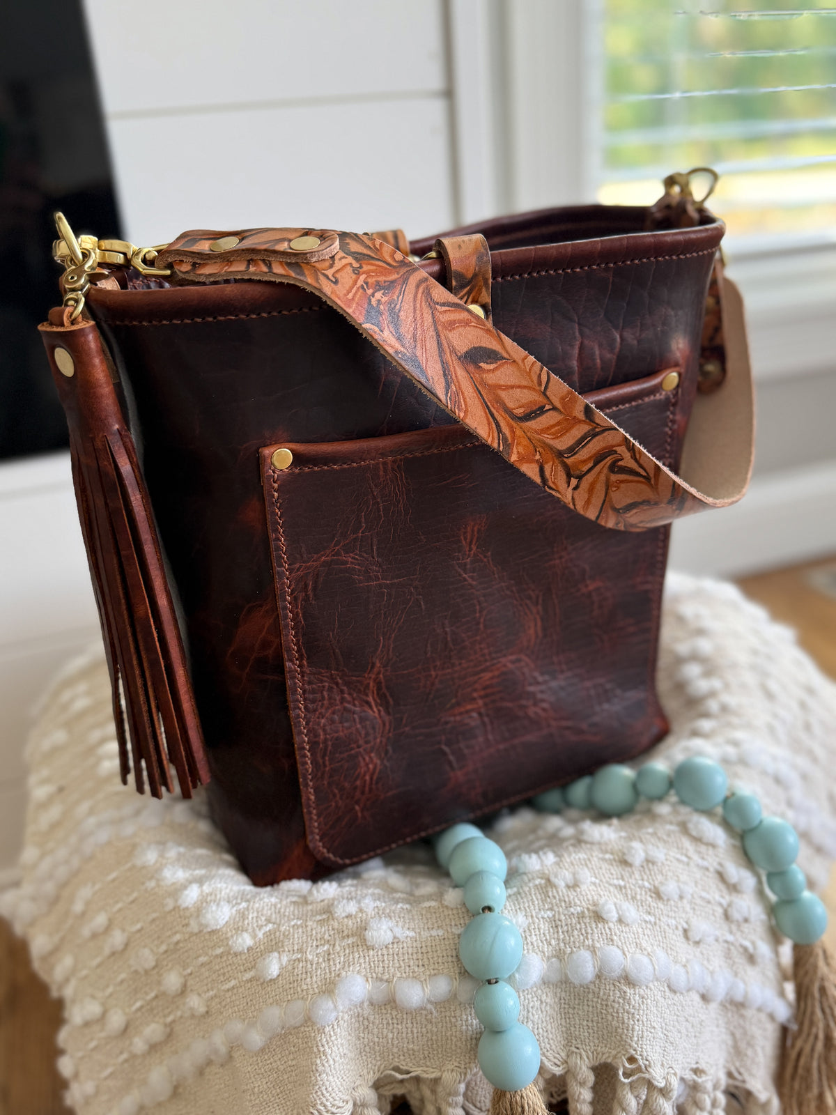 Bennett Bucket in Coffee Full Grain Bison Leather w/Dyed Strap